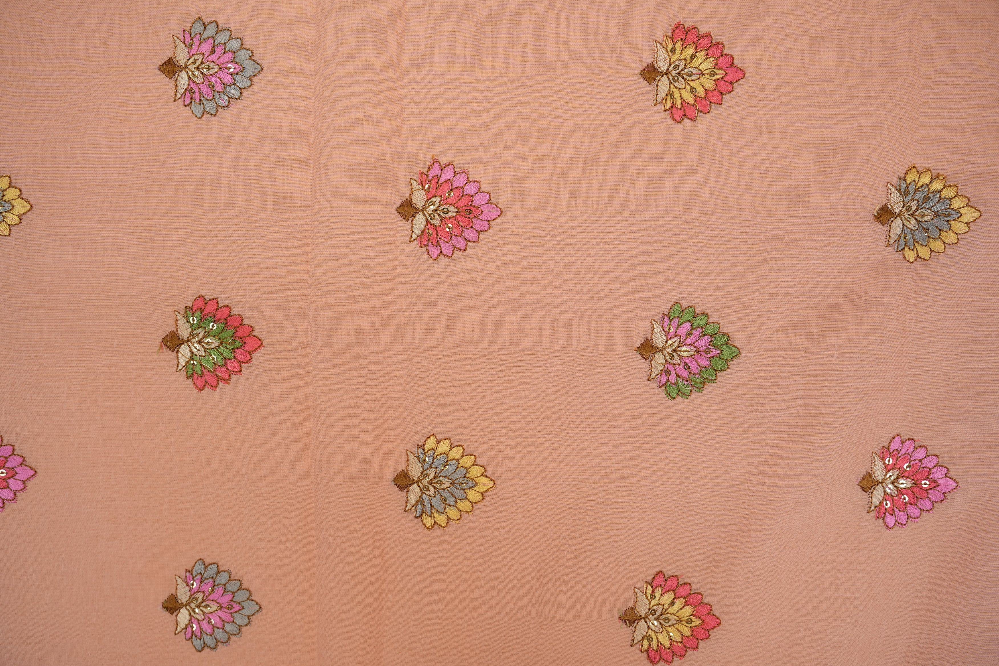 Peach cotton sequins with floral pattern  threadwork embroidery