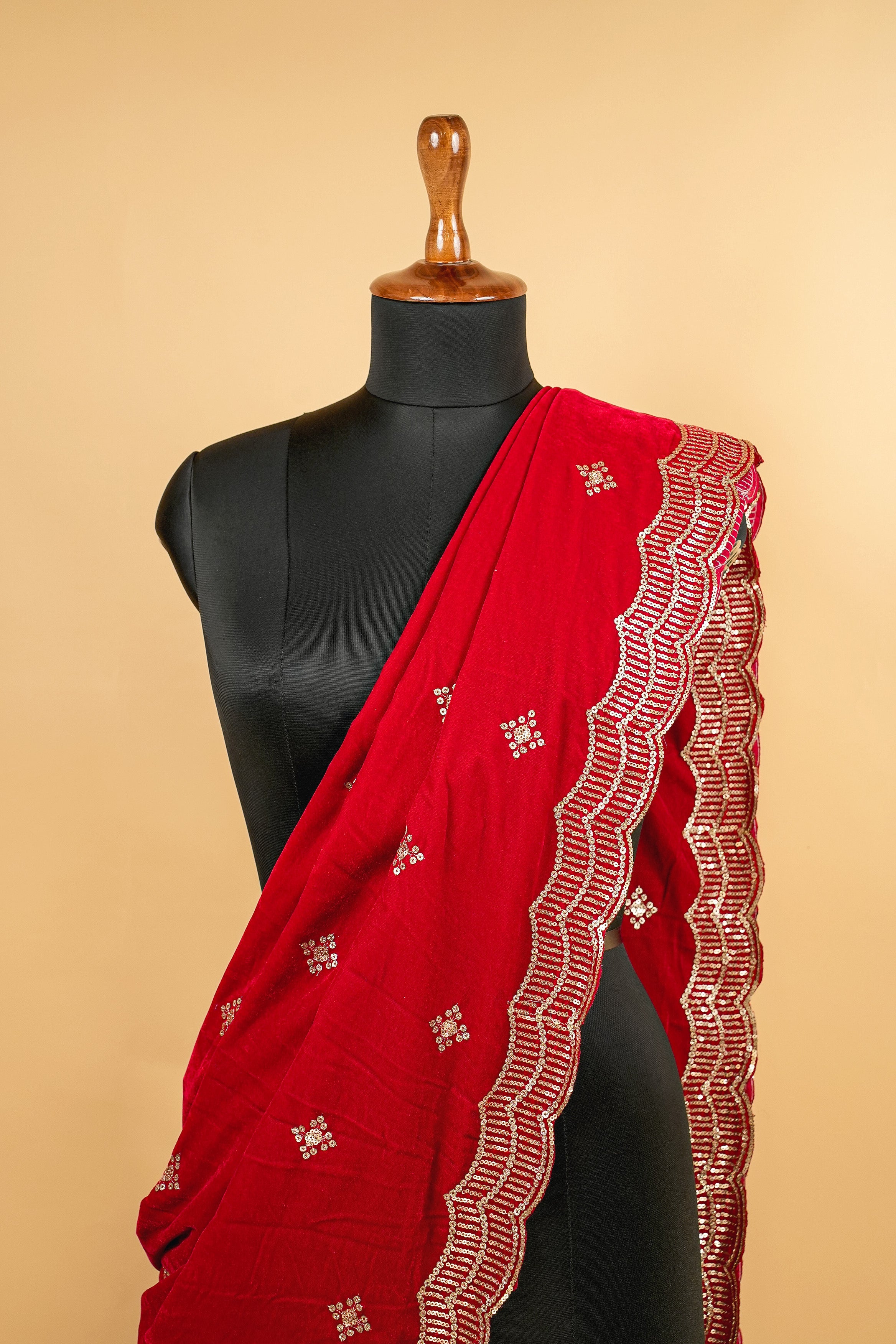 Red Dupatta With Sequins and Zari work Butti Allover and Border