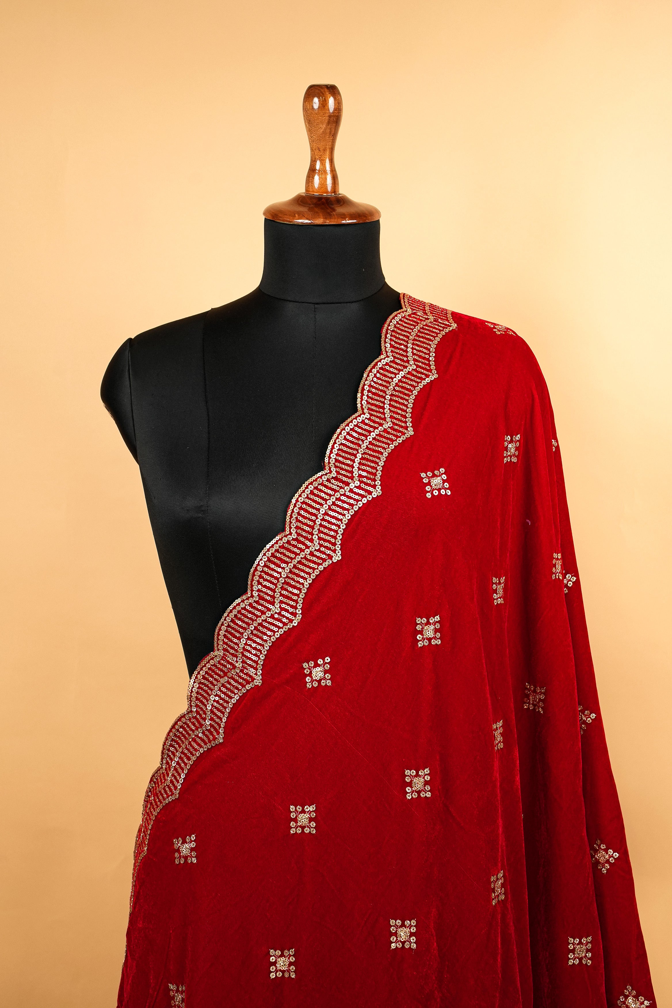 Red Dupatta With Sequins and Zari work Butti Allover and Border