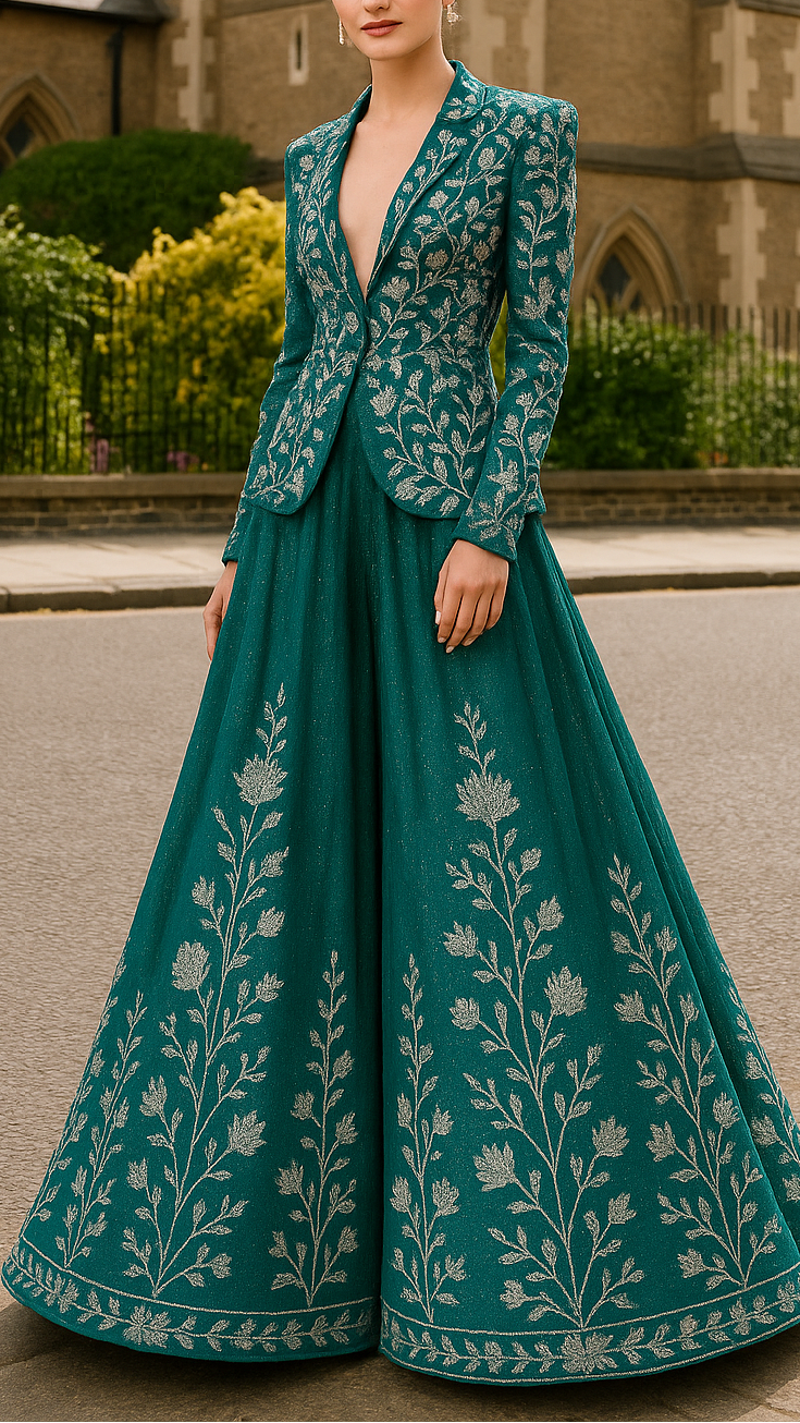 Teal Blue Silk Tissue Fabric With All Over Swarovski Work With One Side Threadwork Border 16562