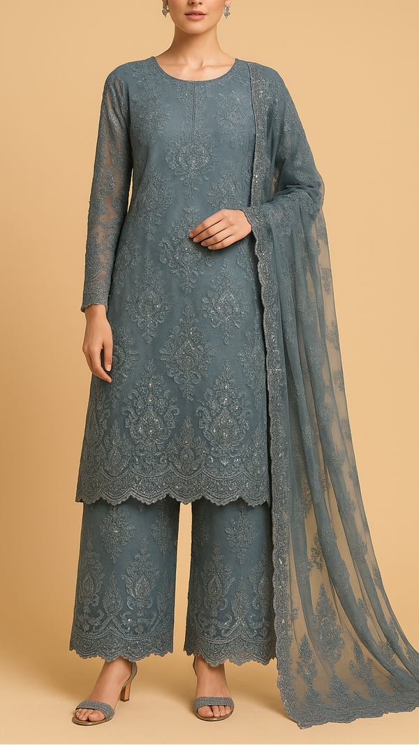 Grey Imported Net Fabric With All Over Sequins & Katdana Handwork with Scalloped Elegance | 12349