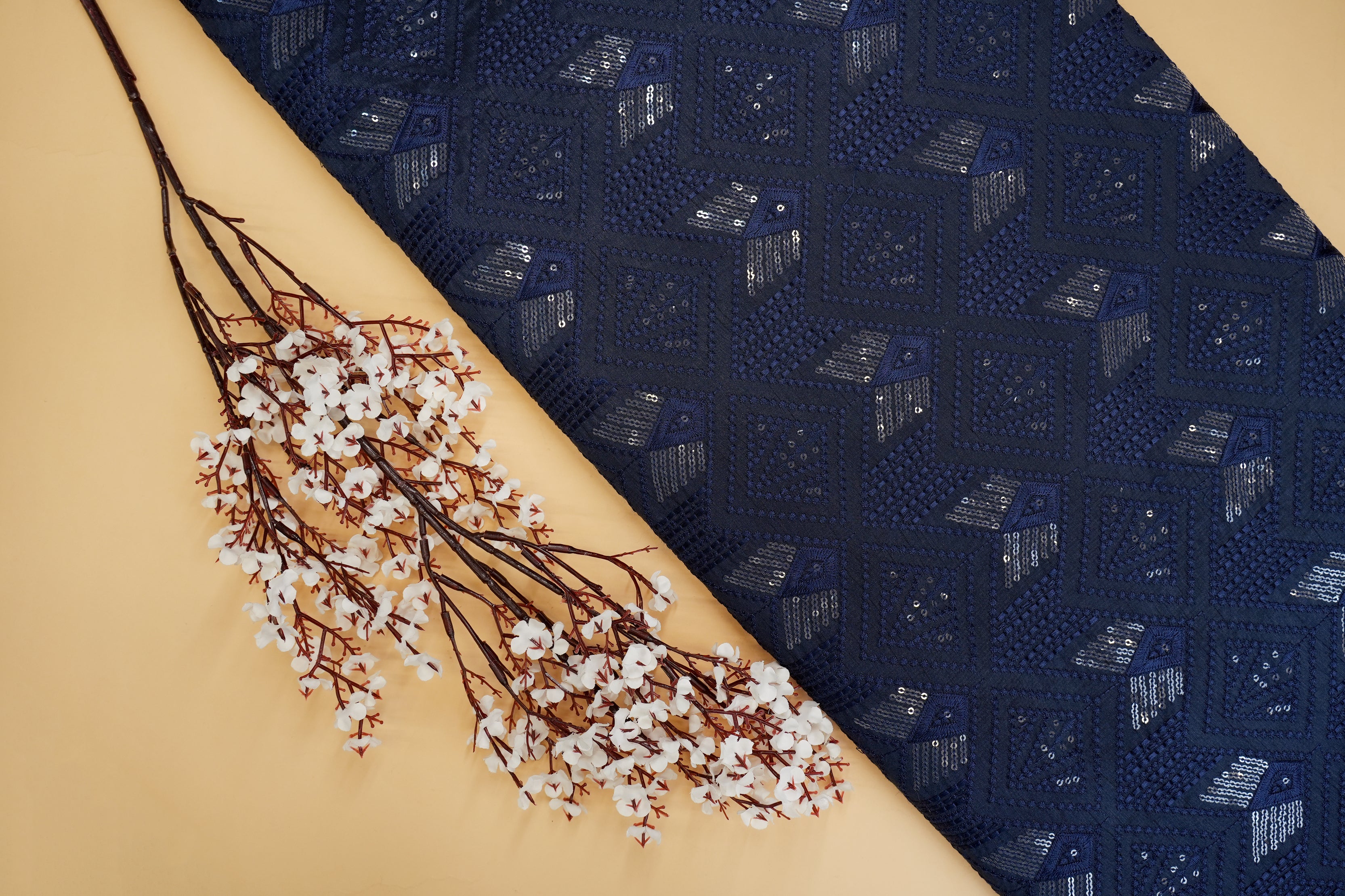 Navy Blue Silk dupoin with Geometric Threadwork and Sequins