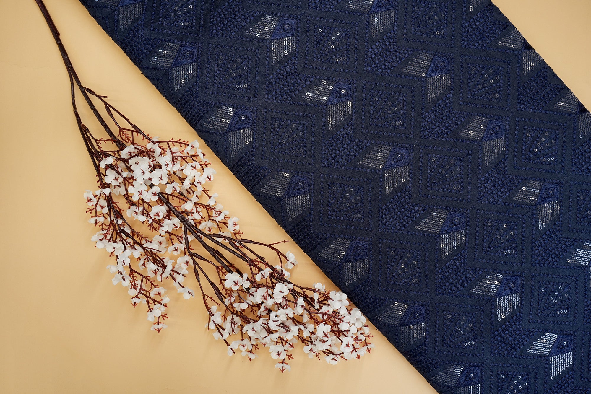 Navy Blue Silk dupion with Geometric Threadwork and Sequins