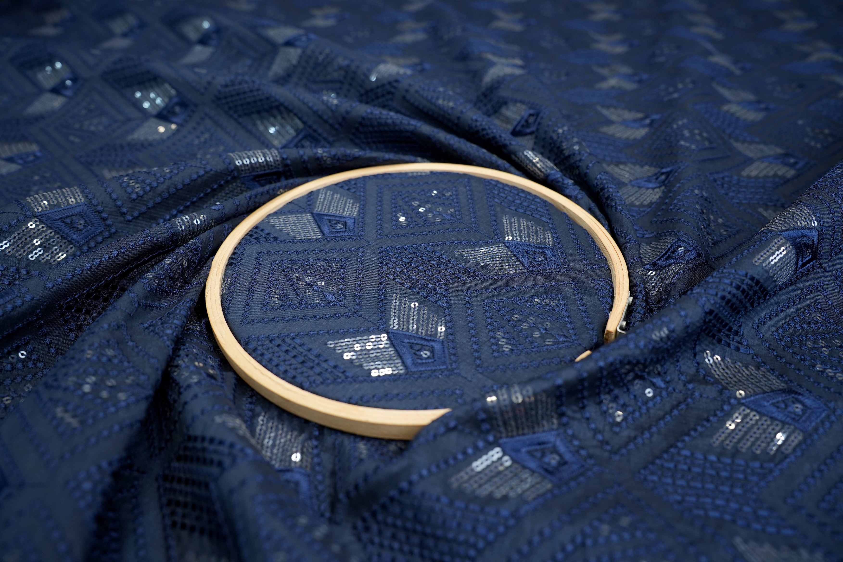 Navy Blue Silk dupoin with Geometric Threadwork and Sequins