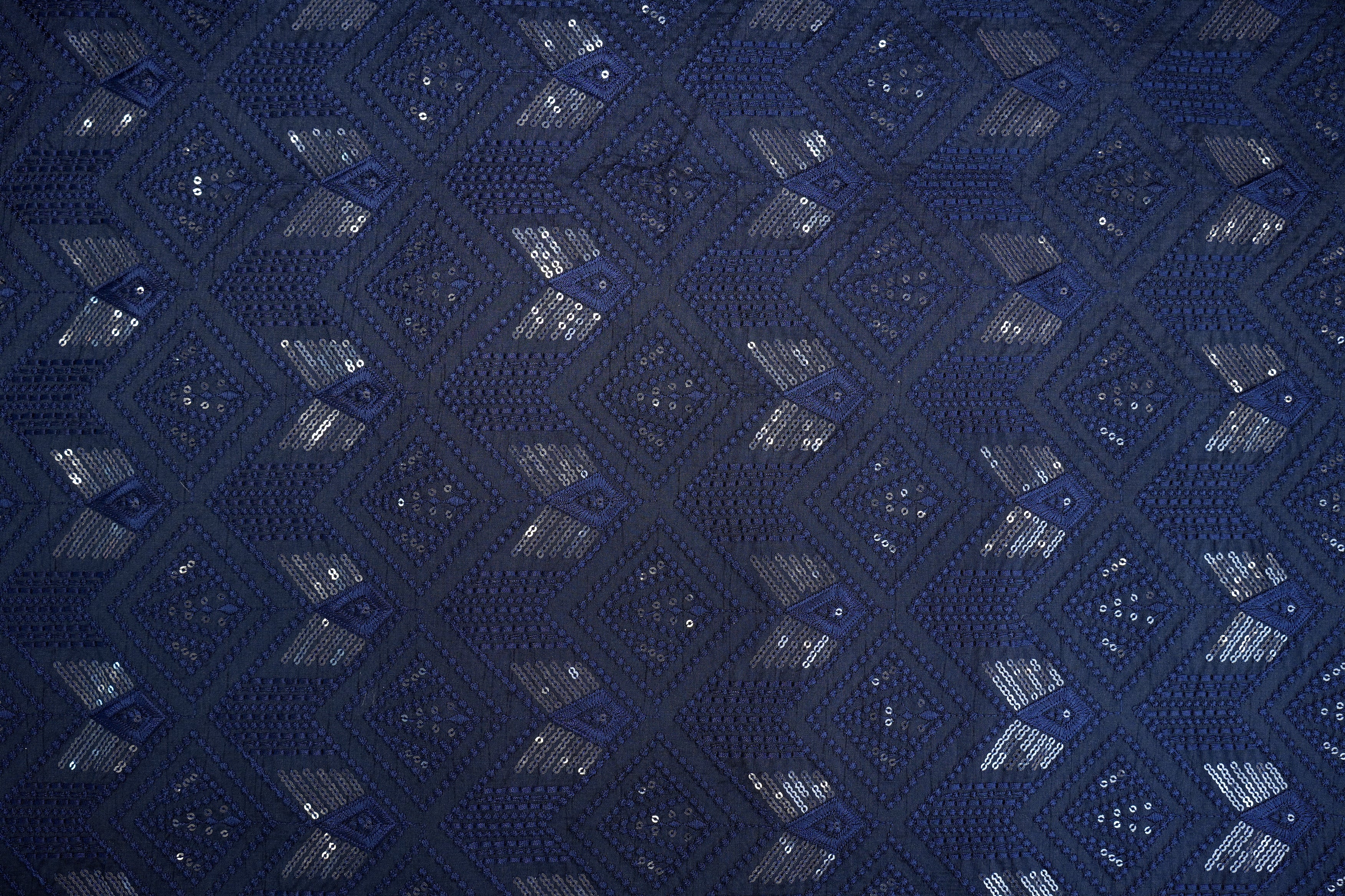 Navy Blue Silk dupoin with Geometric Threadwork and Sequins