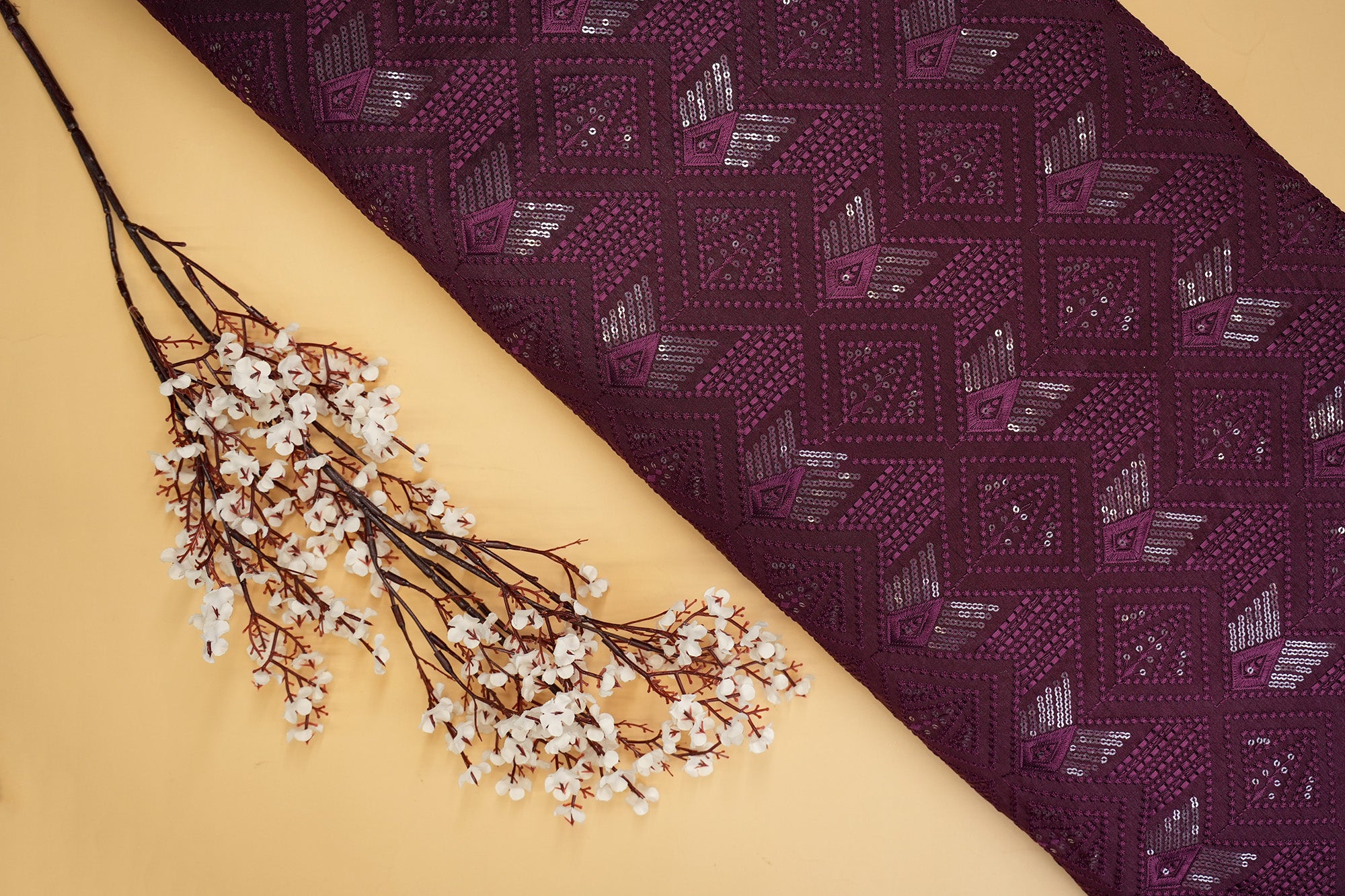 Wine Silk Dupion with Geometric Threadwork and Sequins- Paras Gallery Fabrics
