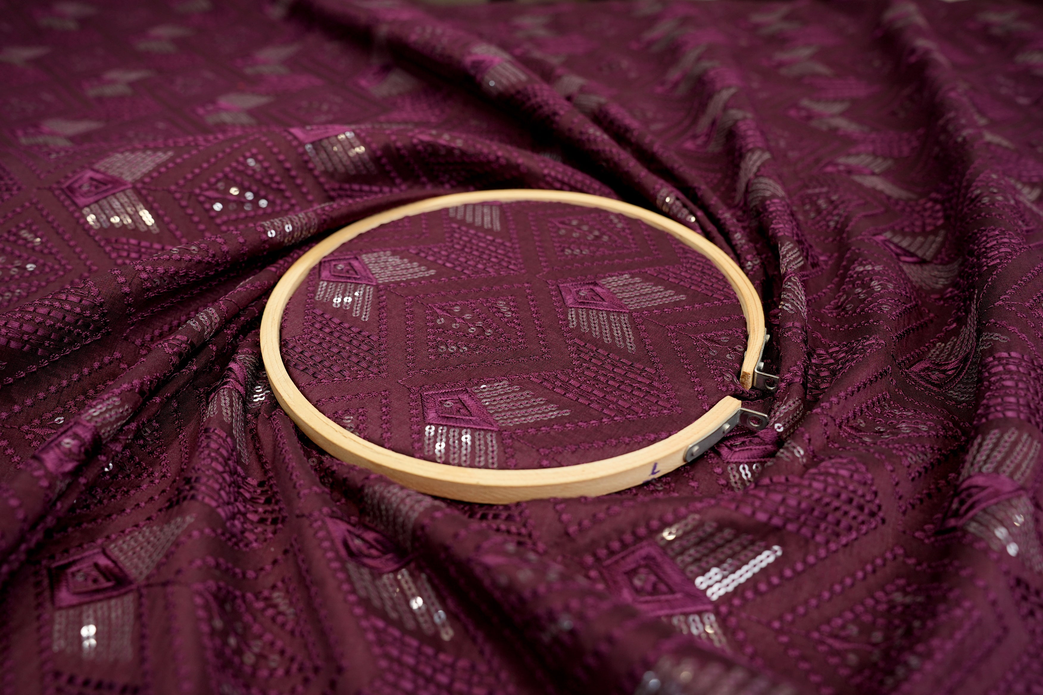 Wine Silk dupoin with Geometric Threadwork and Sequins