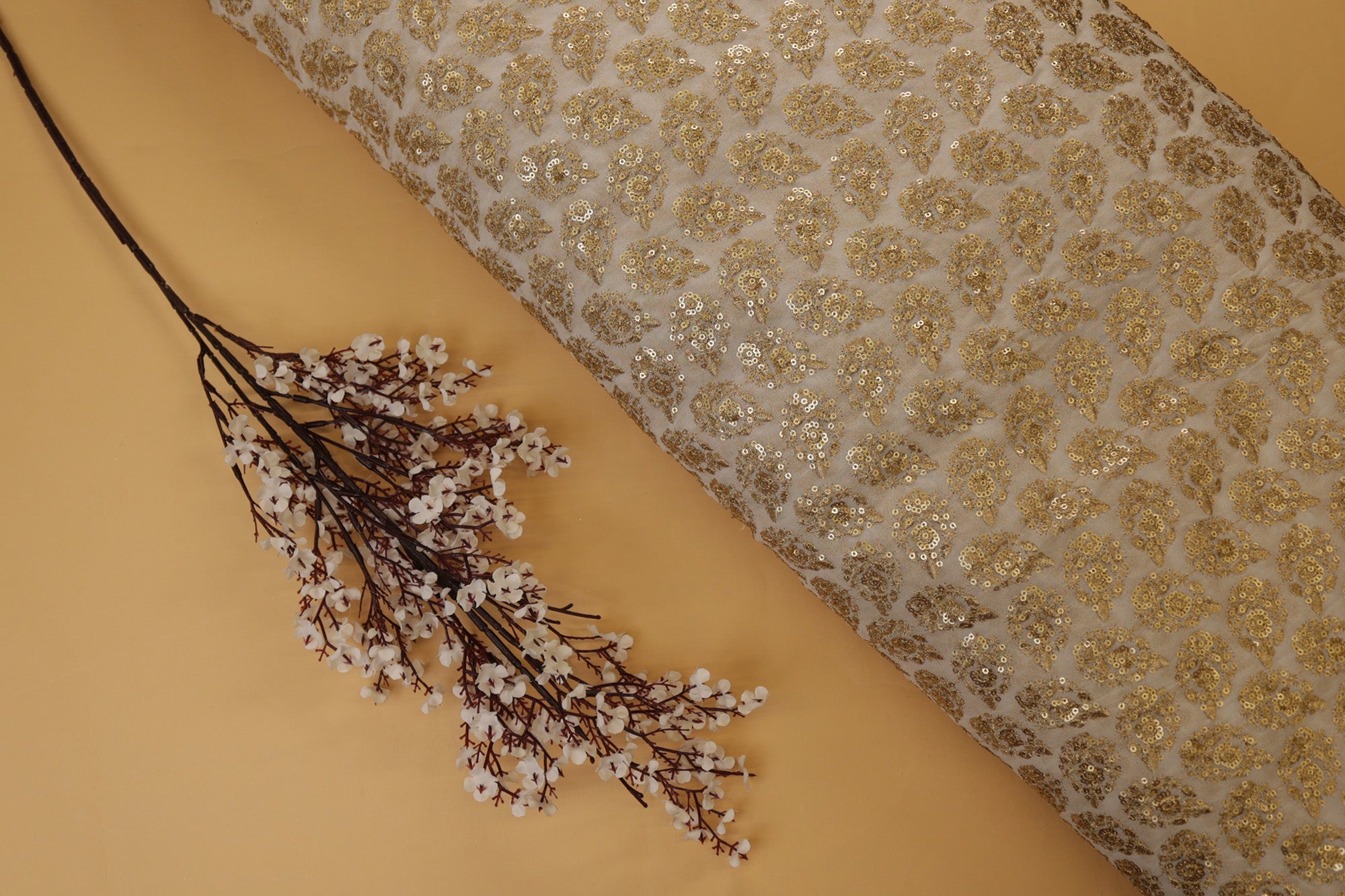 Floral Pattern Golden Zari With Golden Sequins Soft Embroidered Georgette Fabric- Paras Gallery Fabrics