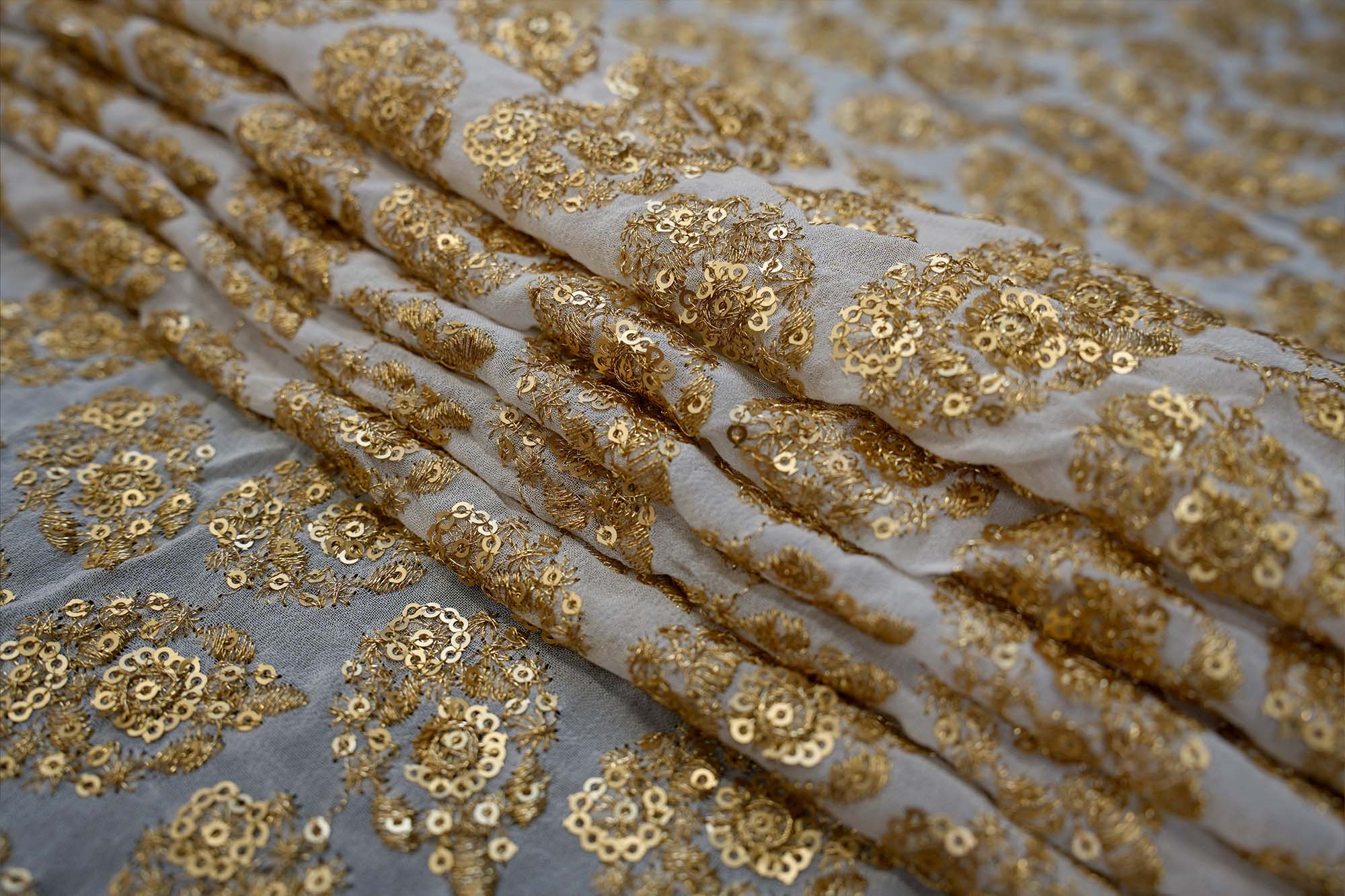 Floral Pattern Golden Zari With Golden Sequins Soft Embroidered Georgette Fabric