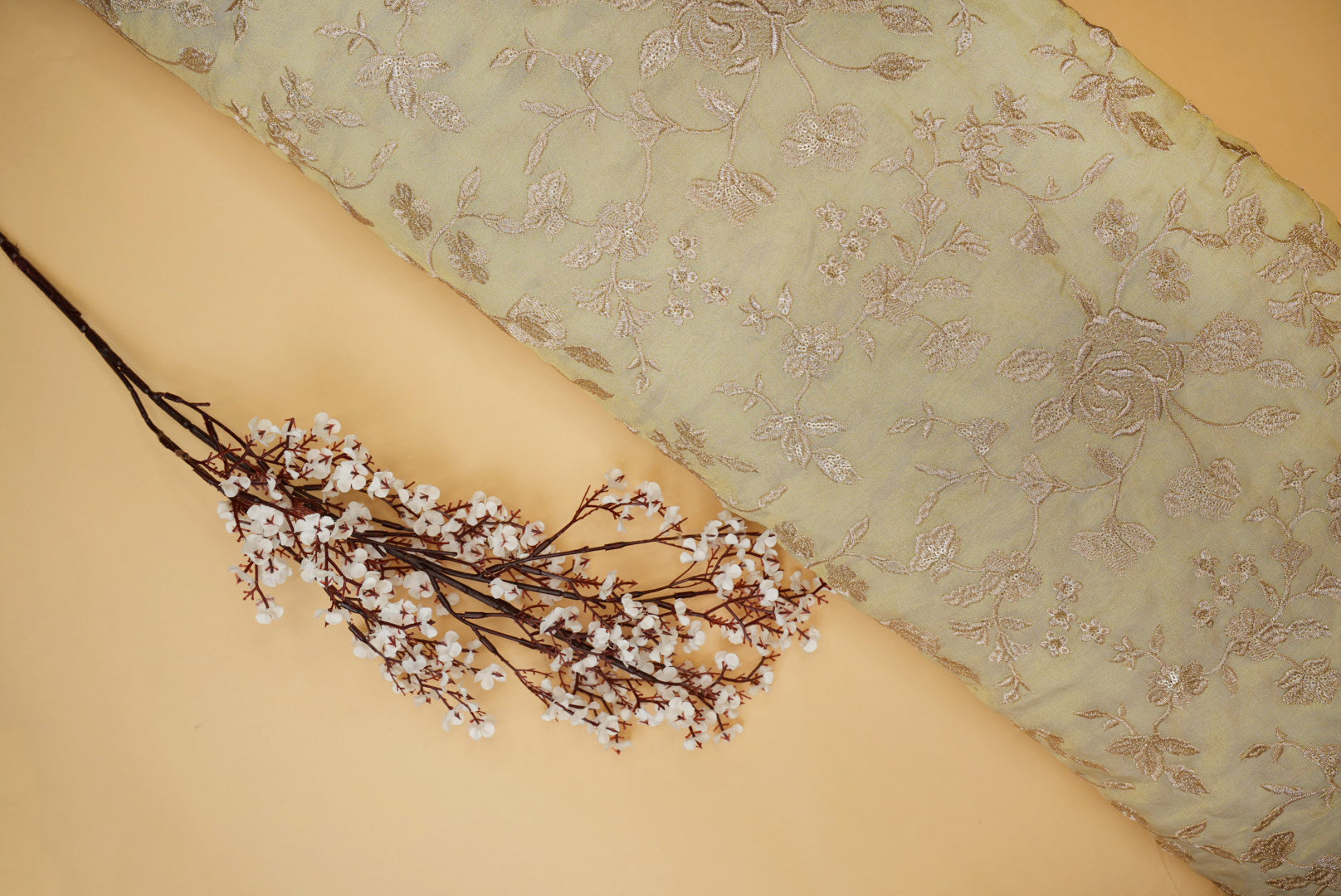 Golden Floral Pattern Tissue with Sequins & Golden Threadwork