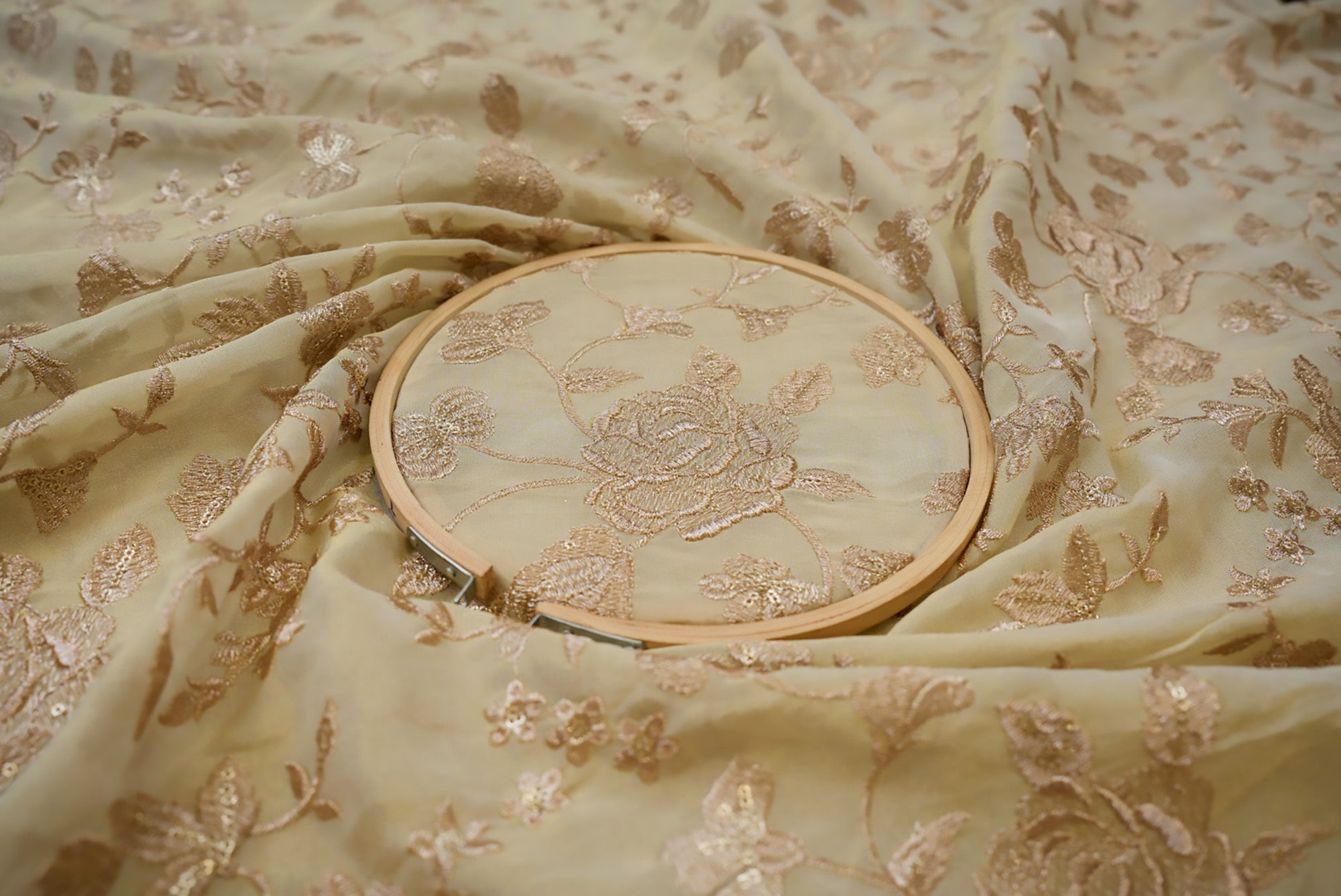 Golden Floral Pattern Tissue with Sequins & Golden Threadwork