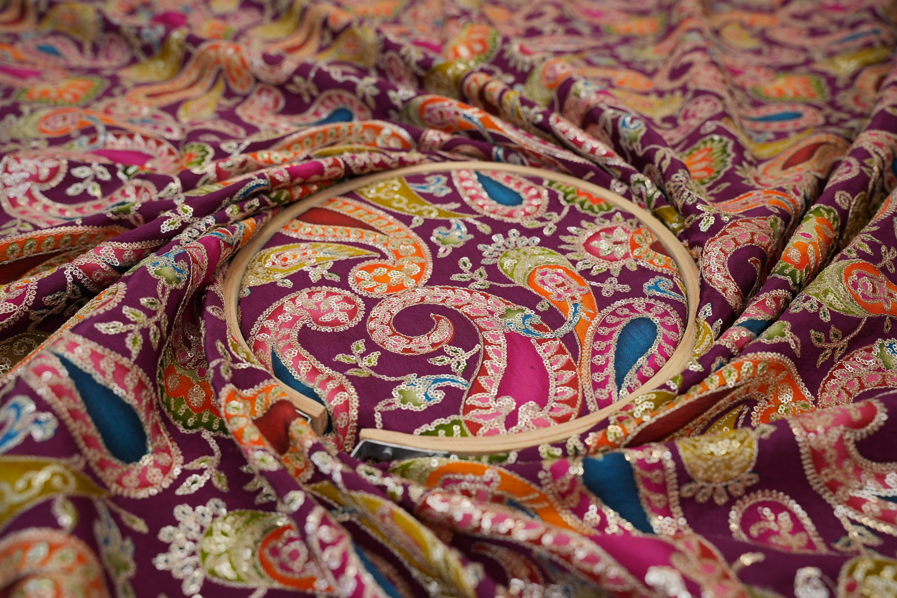 Magenta Crepe Fabric Sequins and  Zari Traditional Patterns in Stunning Elegance