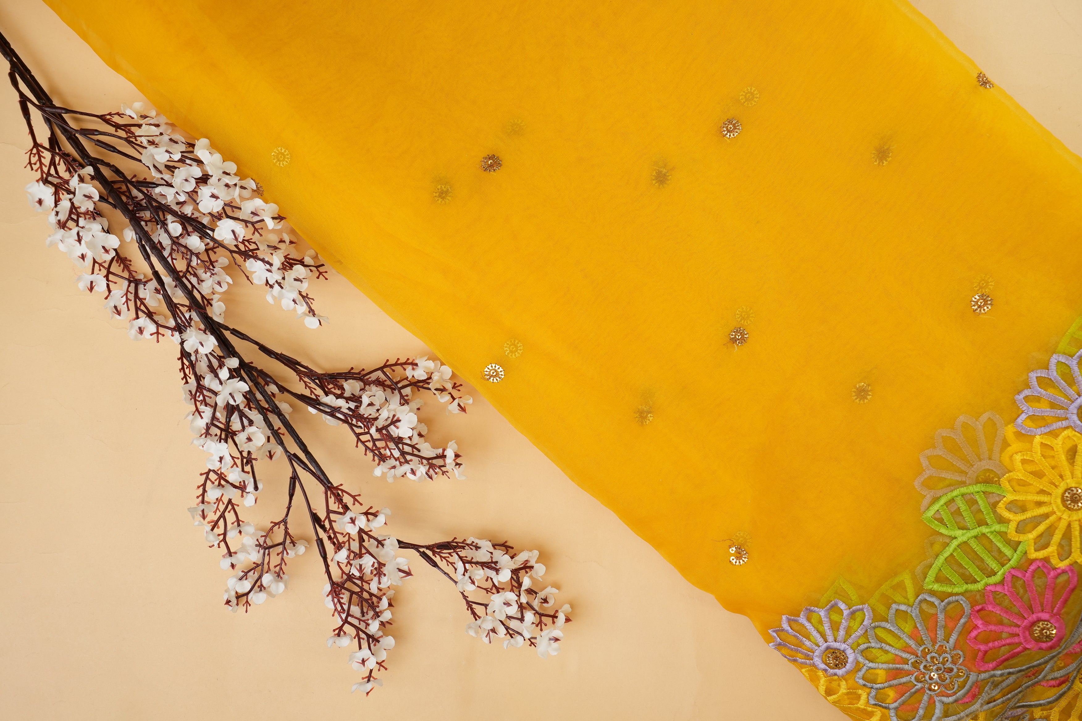 Yellow Organza with Elegant Floral Embroidery & Cut Work Border