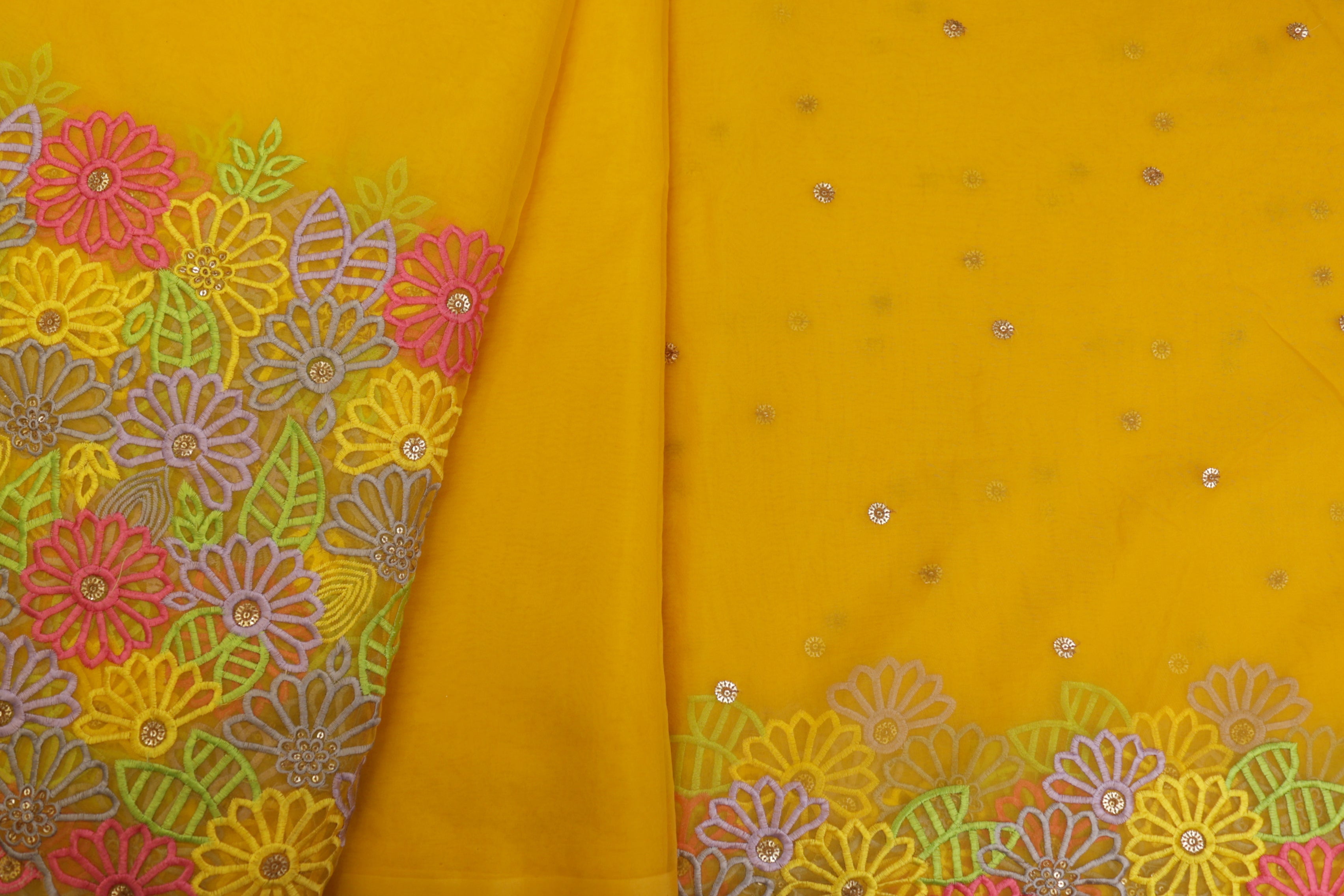 Yellow Organza with Elegant Floral Embroidery & Cut Work Border