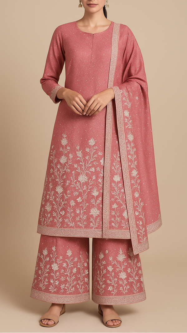 Coral Pink Silk Fabric With All Over Swarvoski Work With One Side Threadwork Border 16295