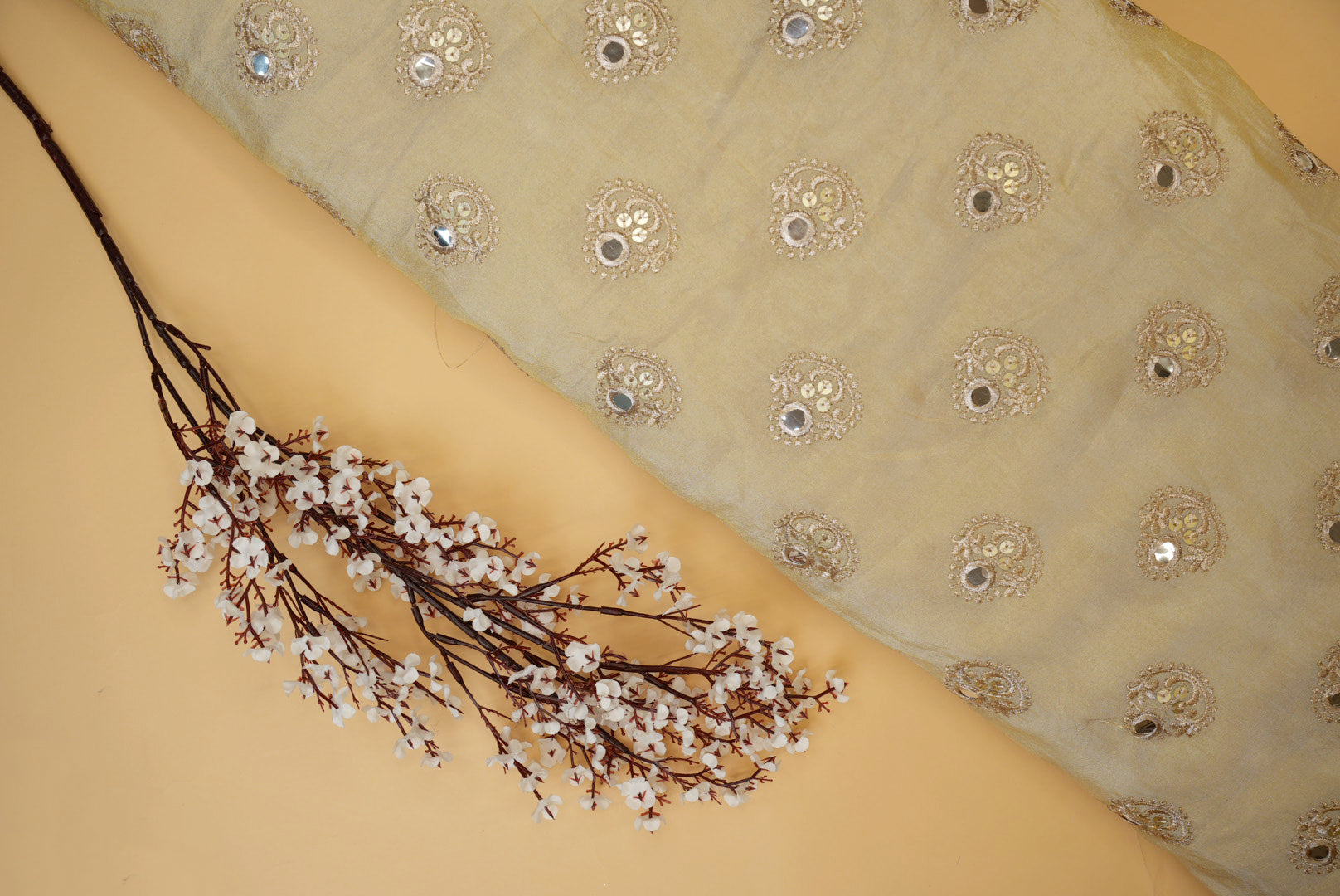 Golden Floral Butta Tissue with Zari, Sequins, and Mirror Embroidery