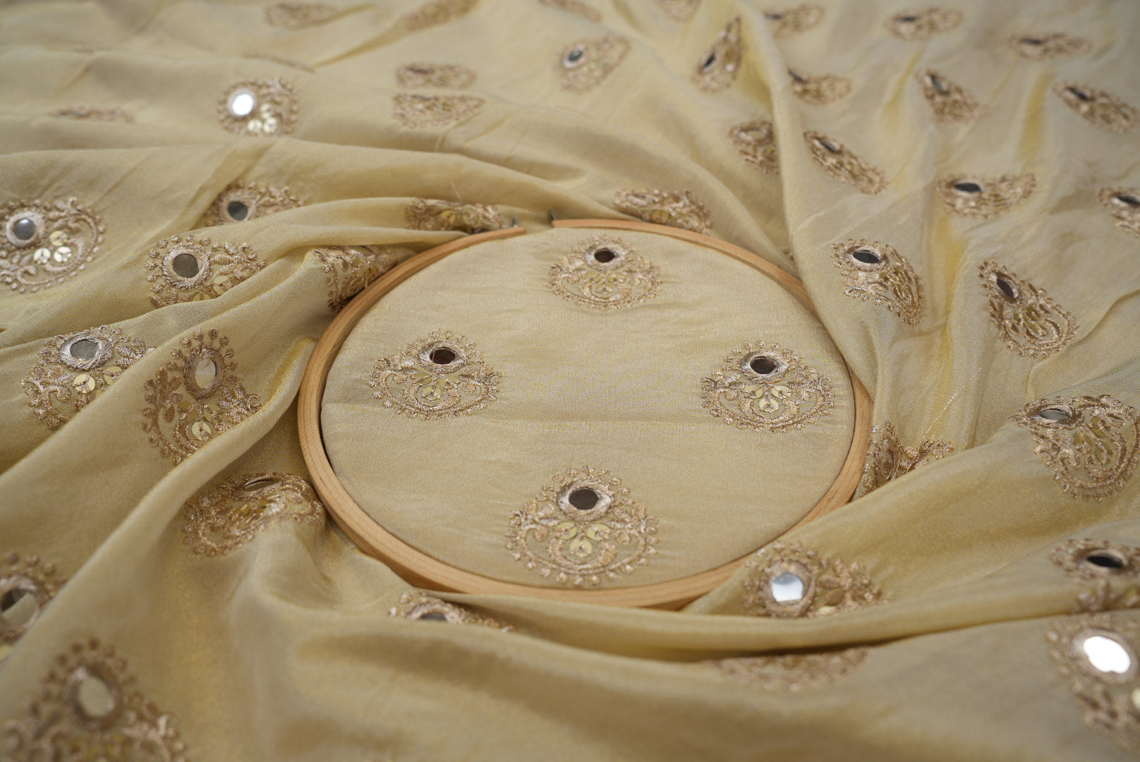 Golden Floral Butta Tissue with Zari, Sequins, and Mirror Embroidery