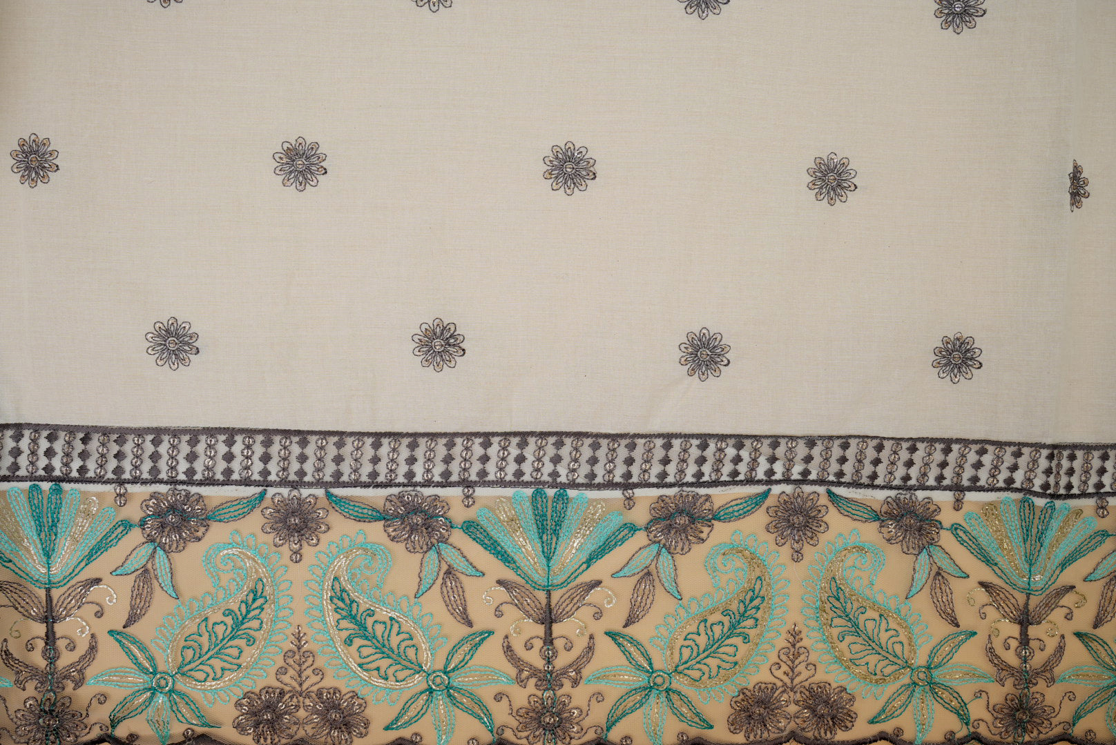 Light teal Floral patten with threadwork  and sequins all over on cotton fabric with border