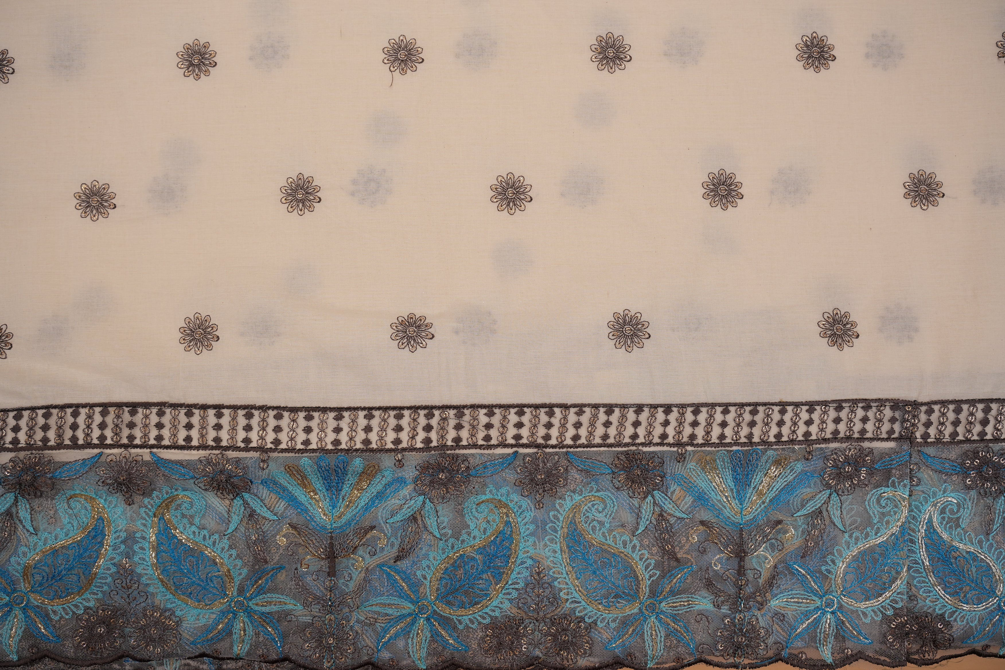 Sky blue Floral patten  with threadwork  and sequins all over on cotton fabric with border