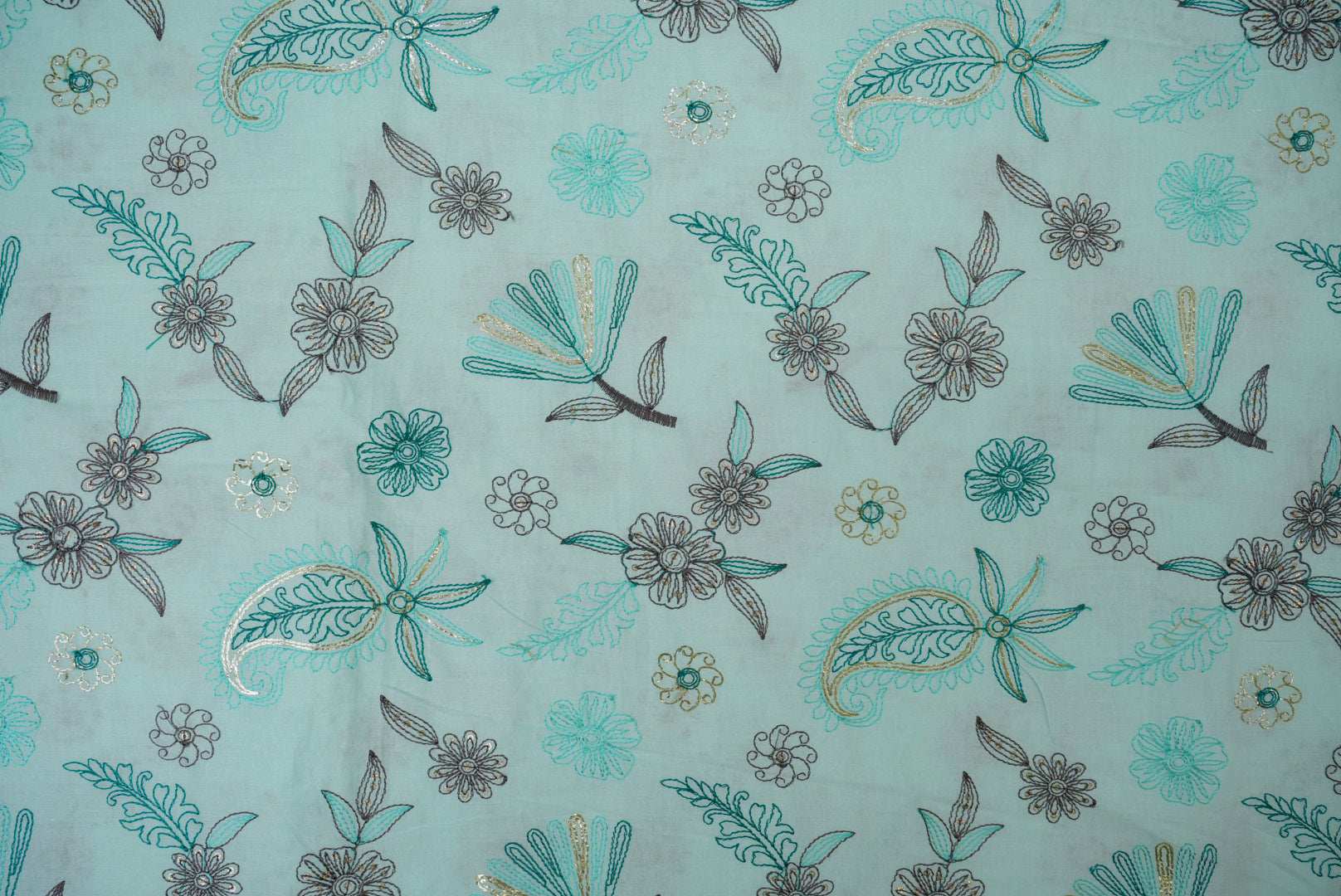 Light teal Floral patten  with threadwork  all over on cotton fabric