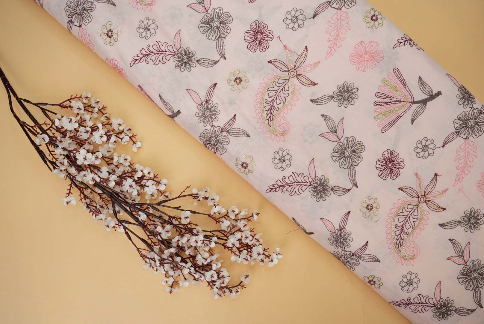 Light pink Floral patten  with threadwork  all over on cotton fabric