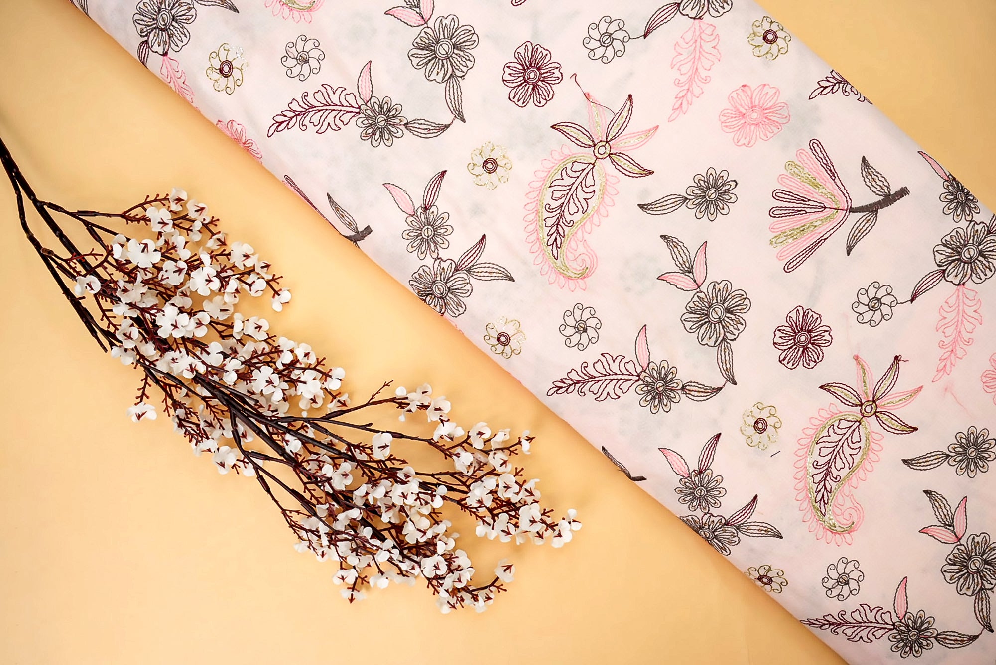 Light pink Floral pattern with threadwork all over on cotton fabric