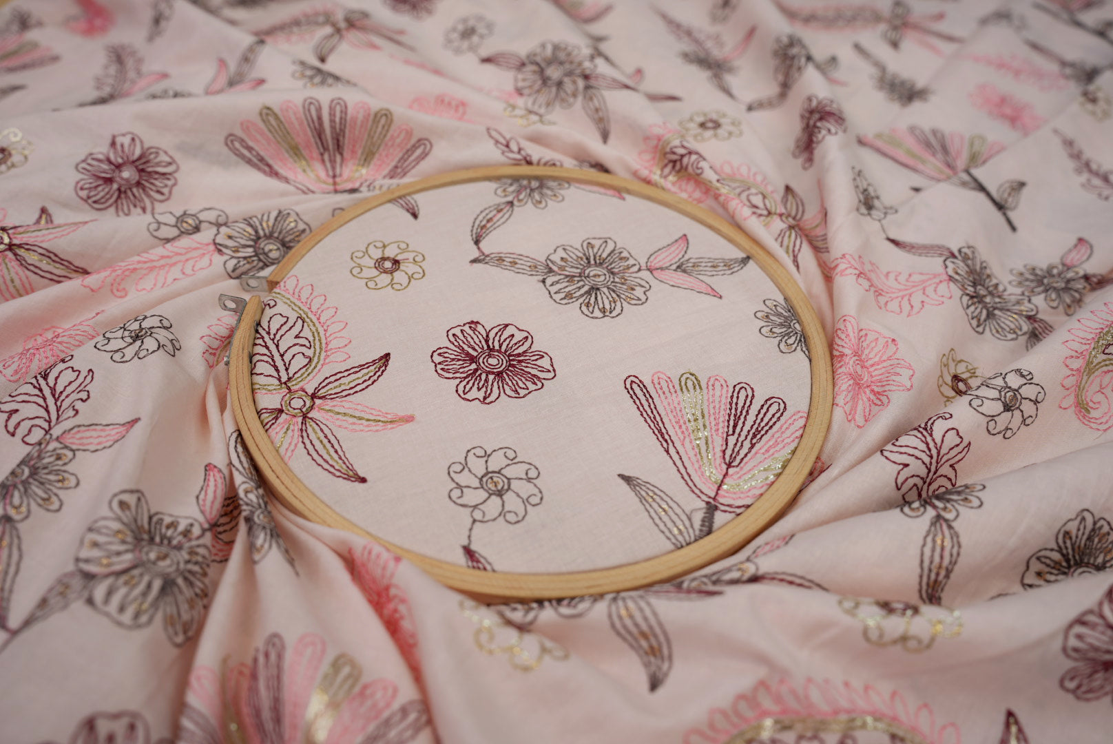 Light pink Floral patten  with threadwork  all over on cotton fabric