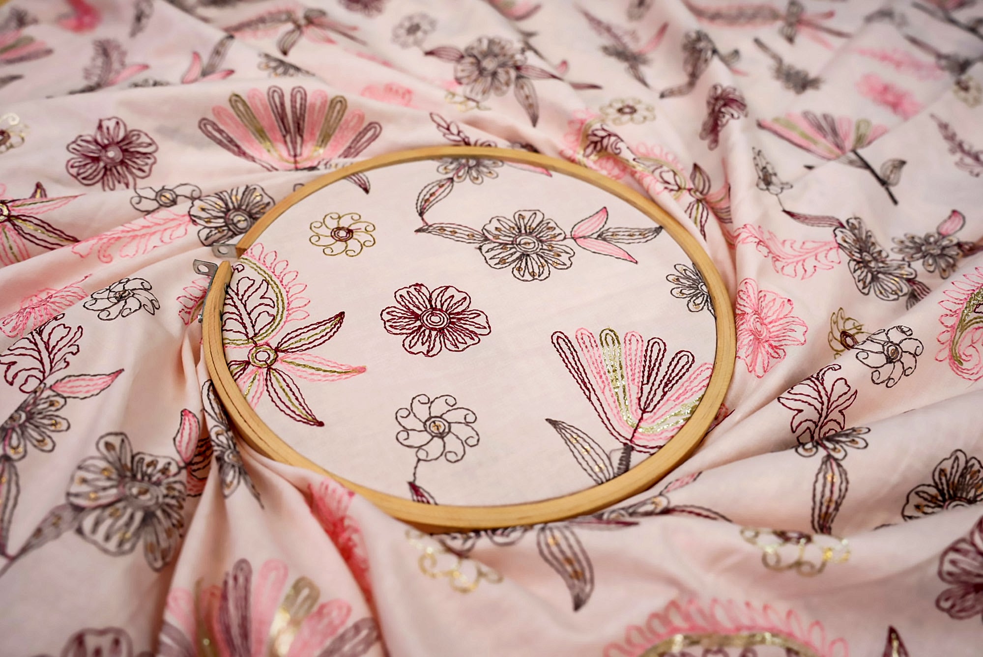 Light pink Floral pattern with threadwork all over on cotton fabric