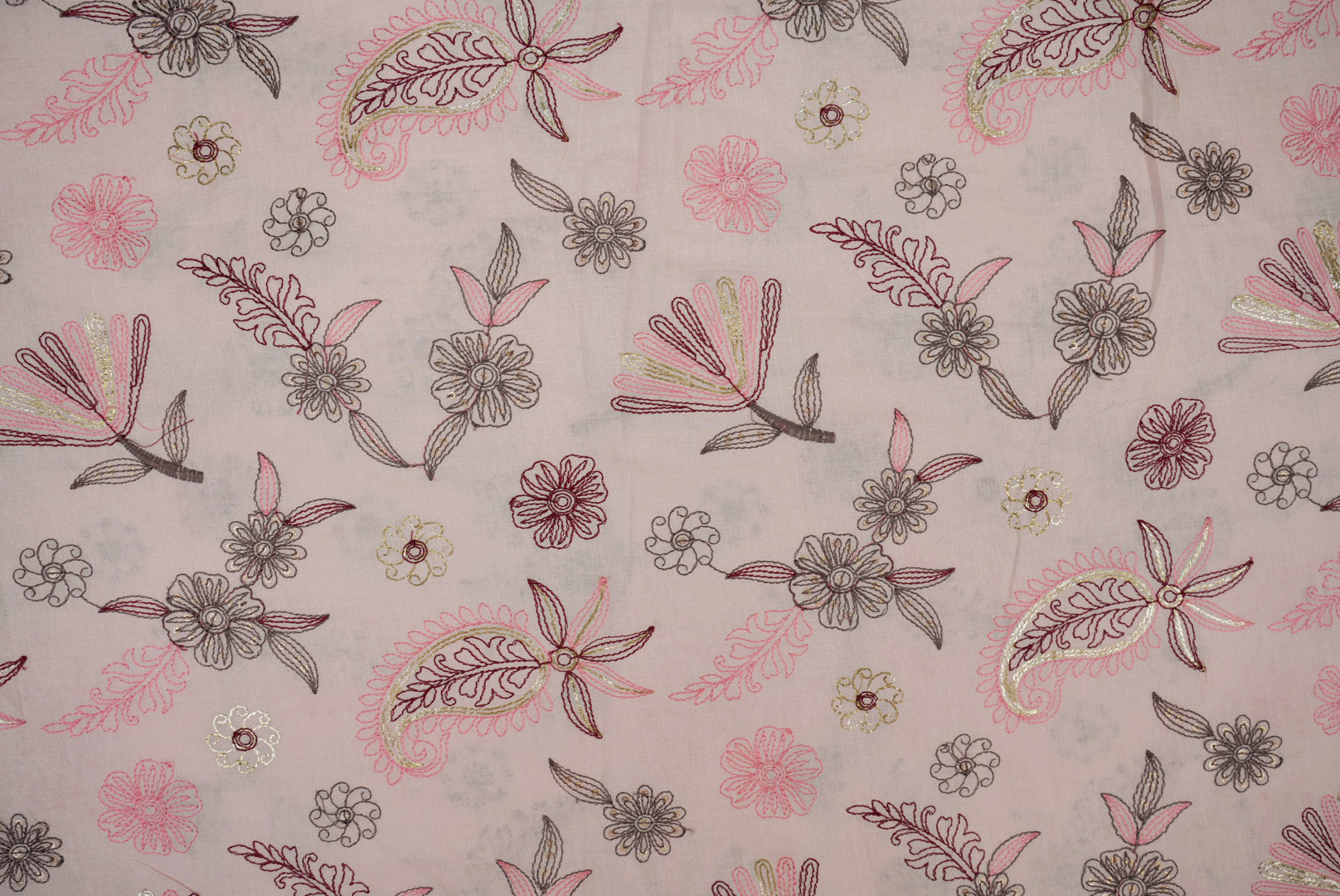 Light pink Floral patten  with threadwork  all over on cotton fabric