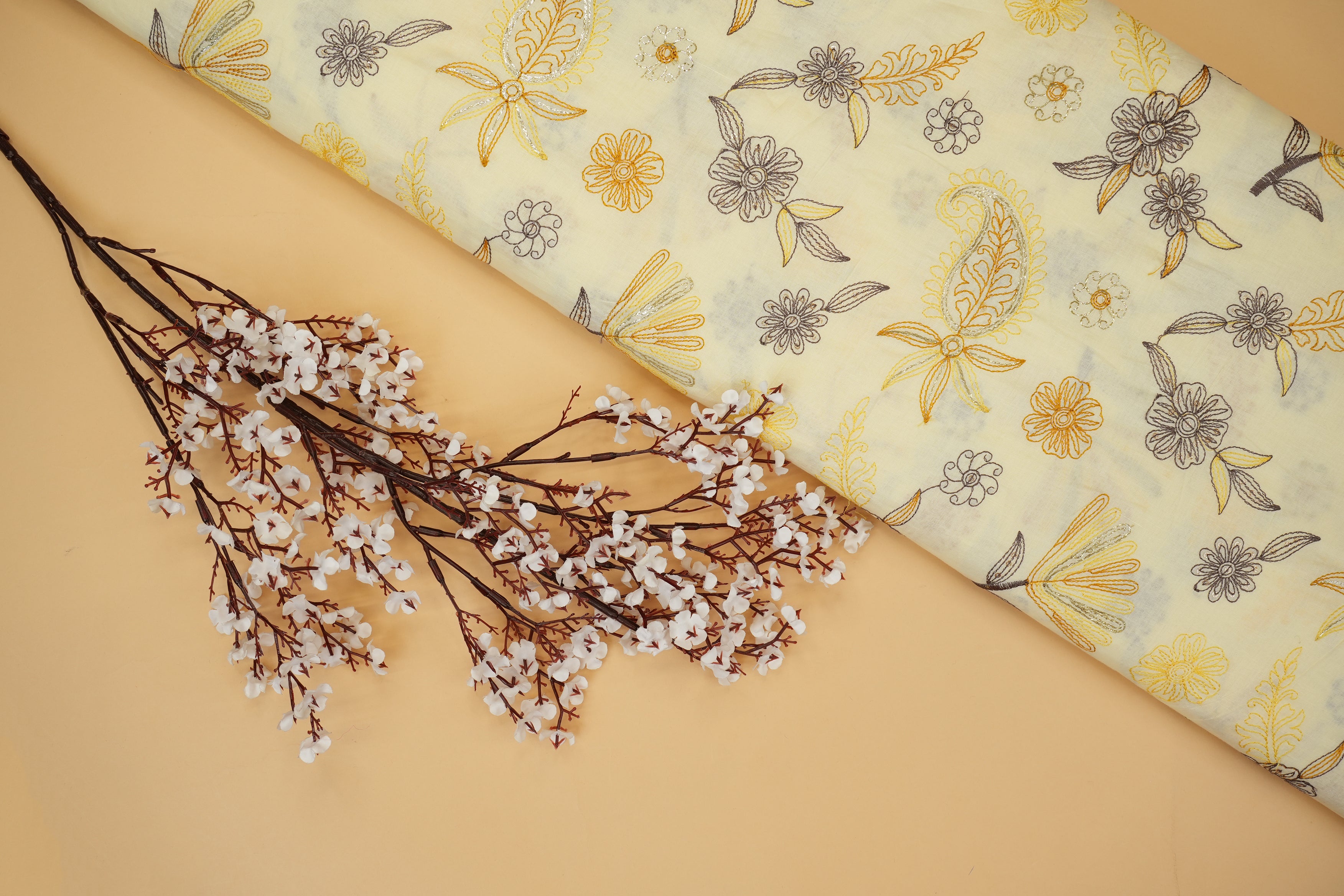 Yellow Floral patten  with threadwork  all over on cotton fabric