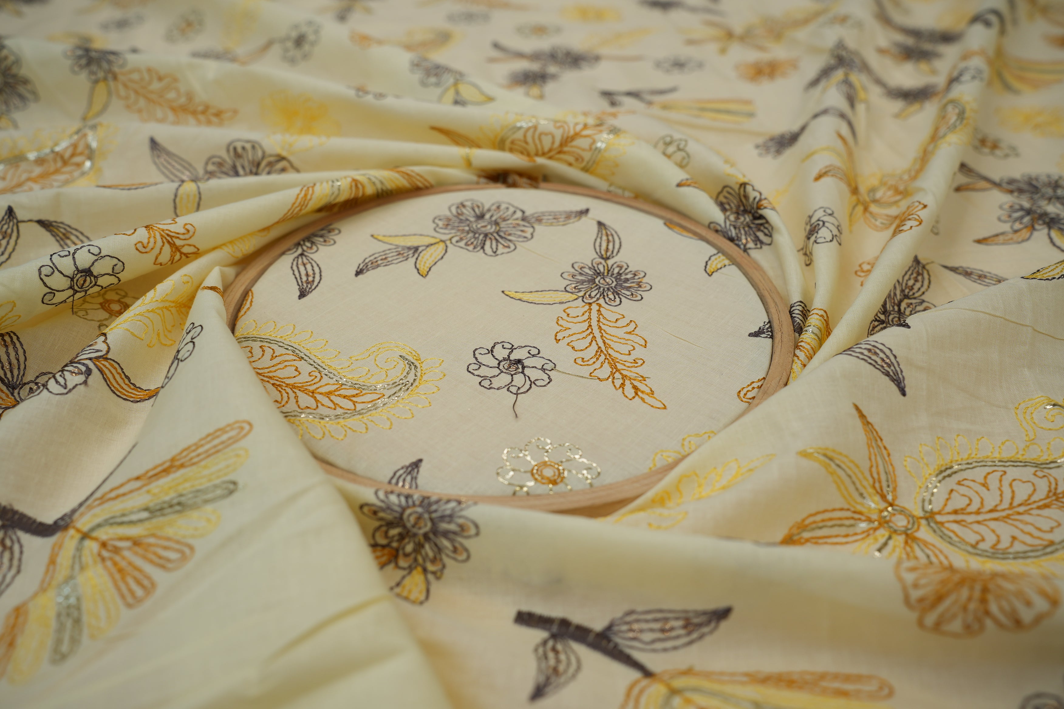 Yellow Floral patten  with threadwork  all over on cotton fabric