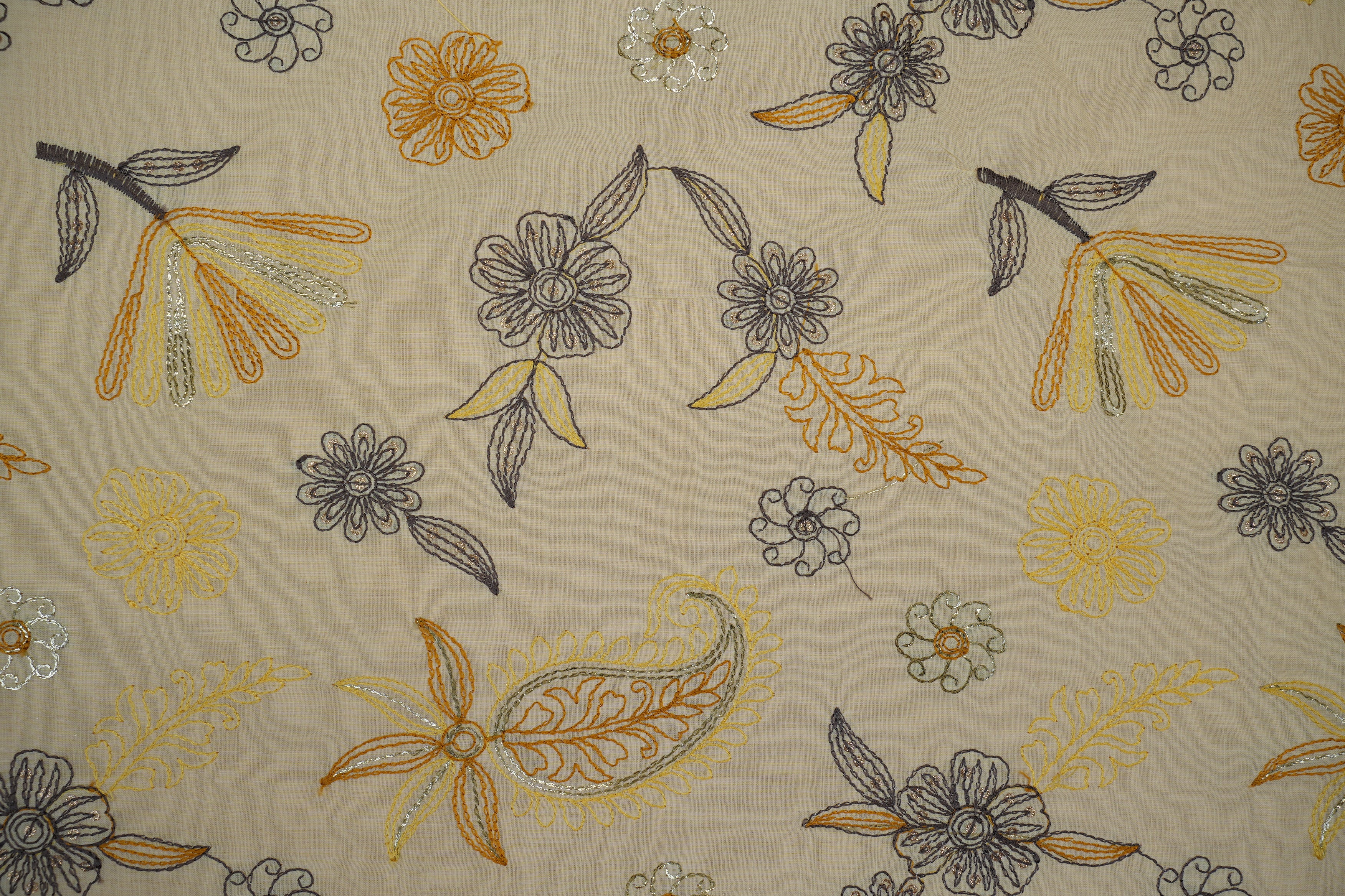 Yellow Floral patten  with threadwork  all over on cotton fabric