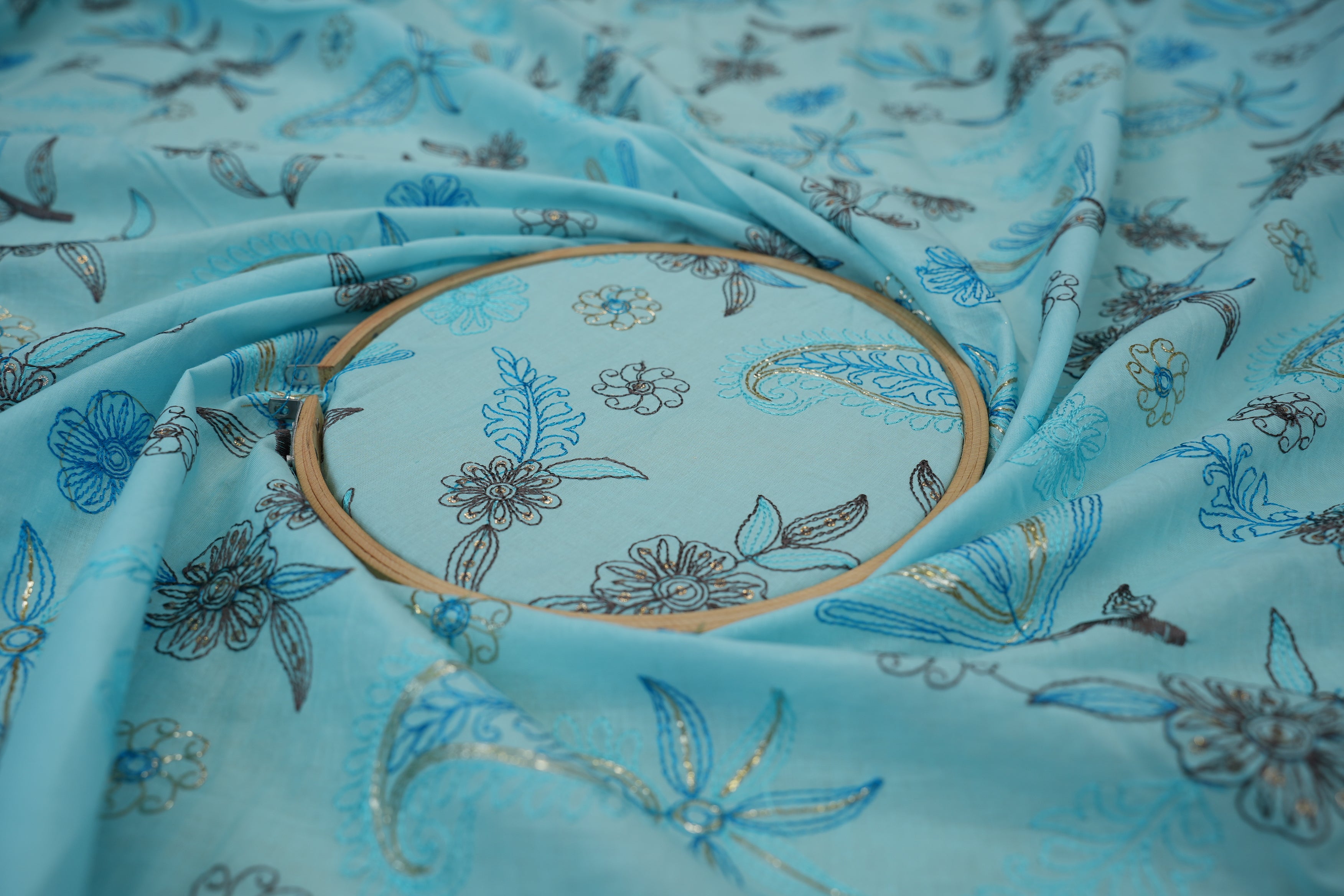 Sky blue Floral patten  with threadwork  all over on cotton fabric