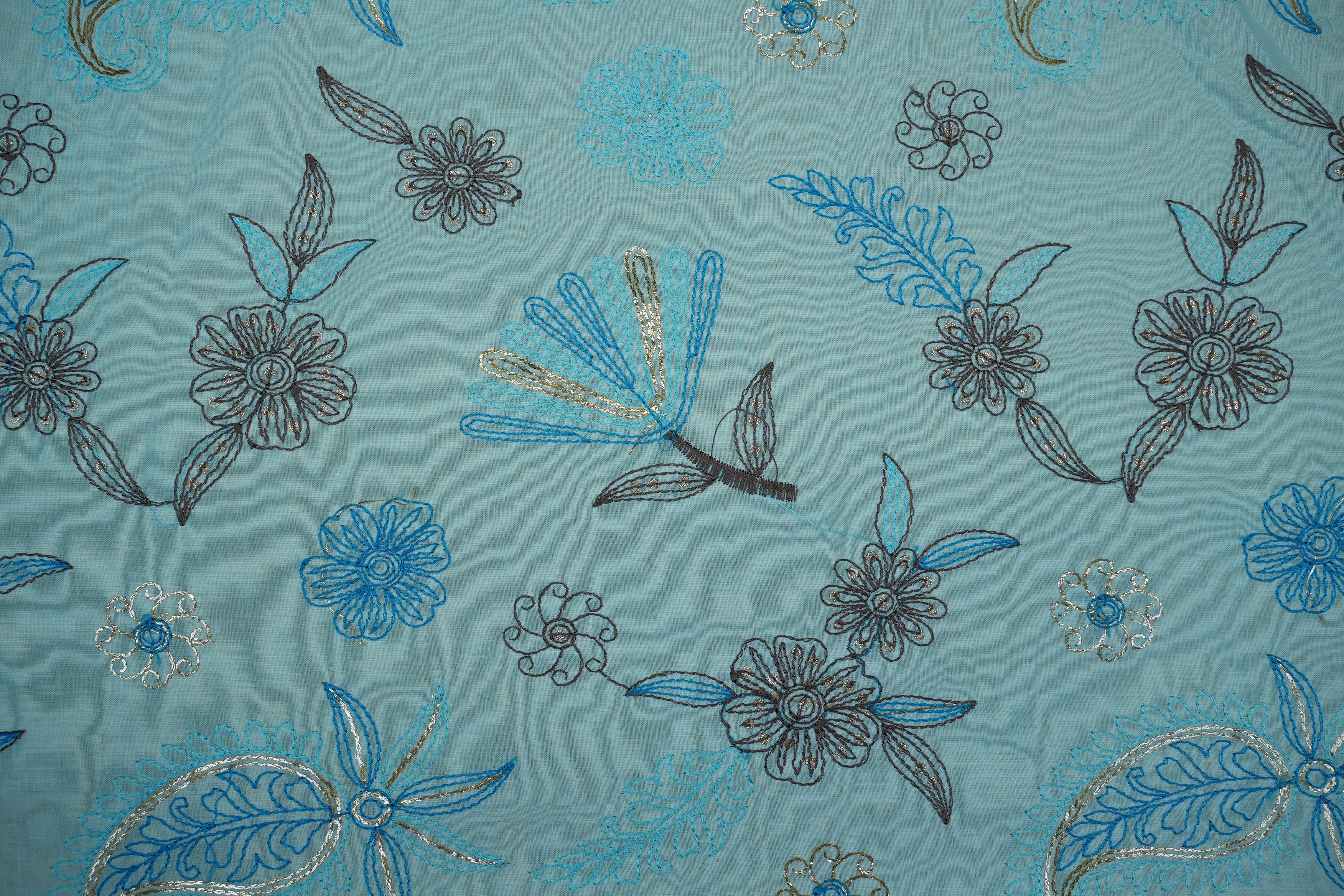 Sky blue Floral patten  with threadwork  all over on cotton fabric