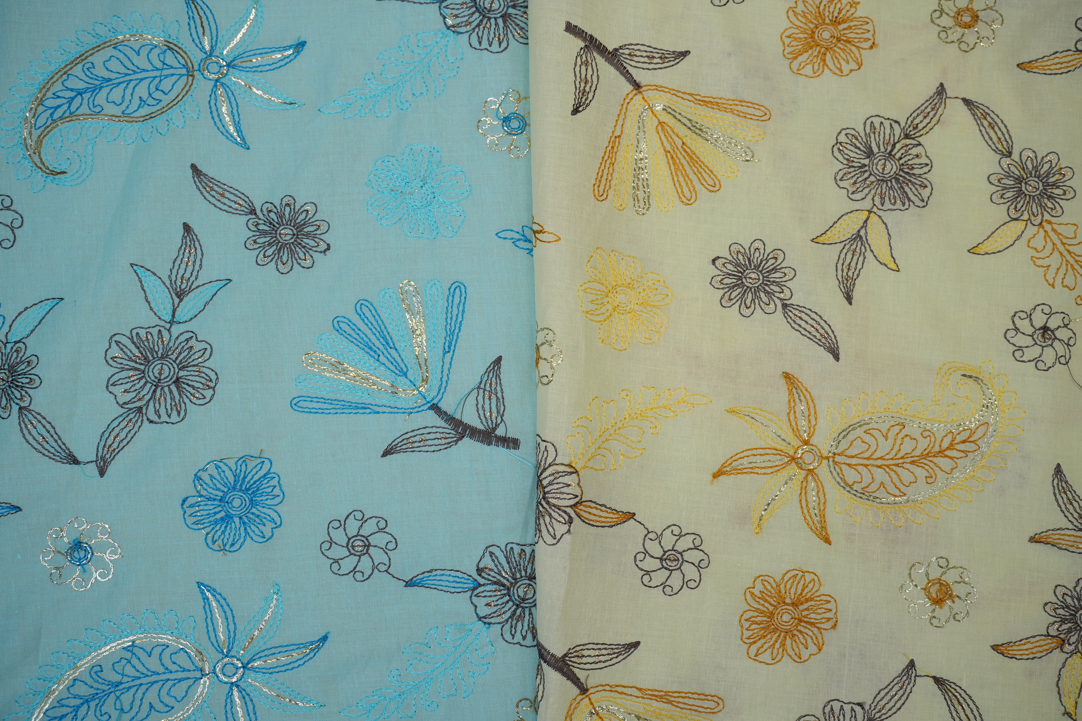 Sky blue Floral patten  with threadwork  all over on cotton fabric