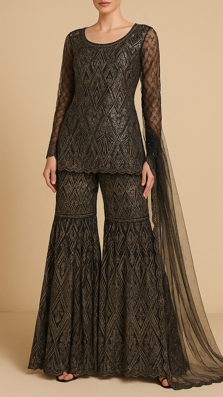 Black Imported Net Fabric With All Over Bead And Sequins Work With Two Side Scalloped Border 19356
