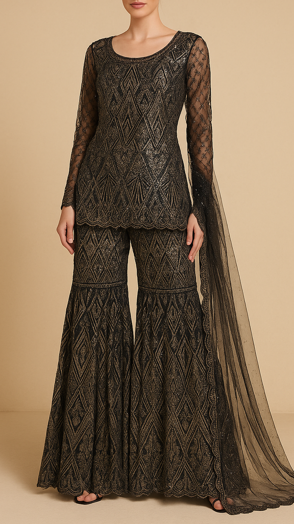 Black Imported Net Fabric With All Over Bead And Sequins Work With Two Side Scalloped Border 19356