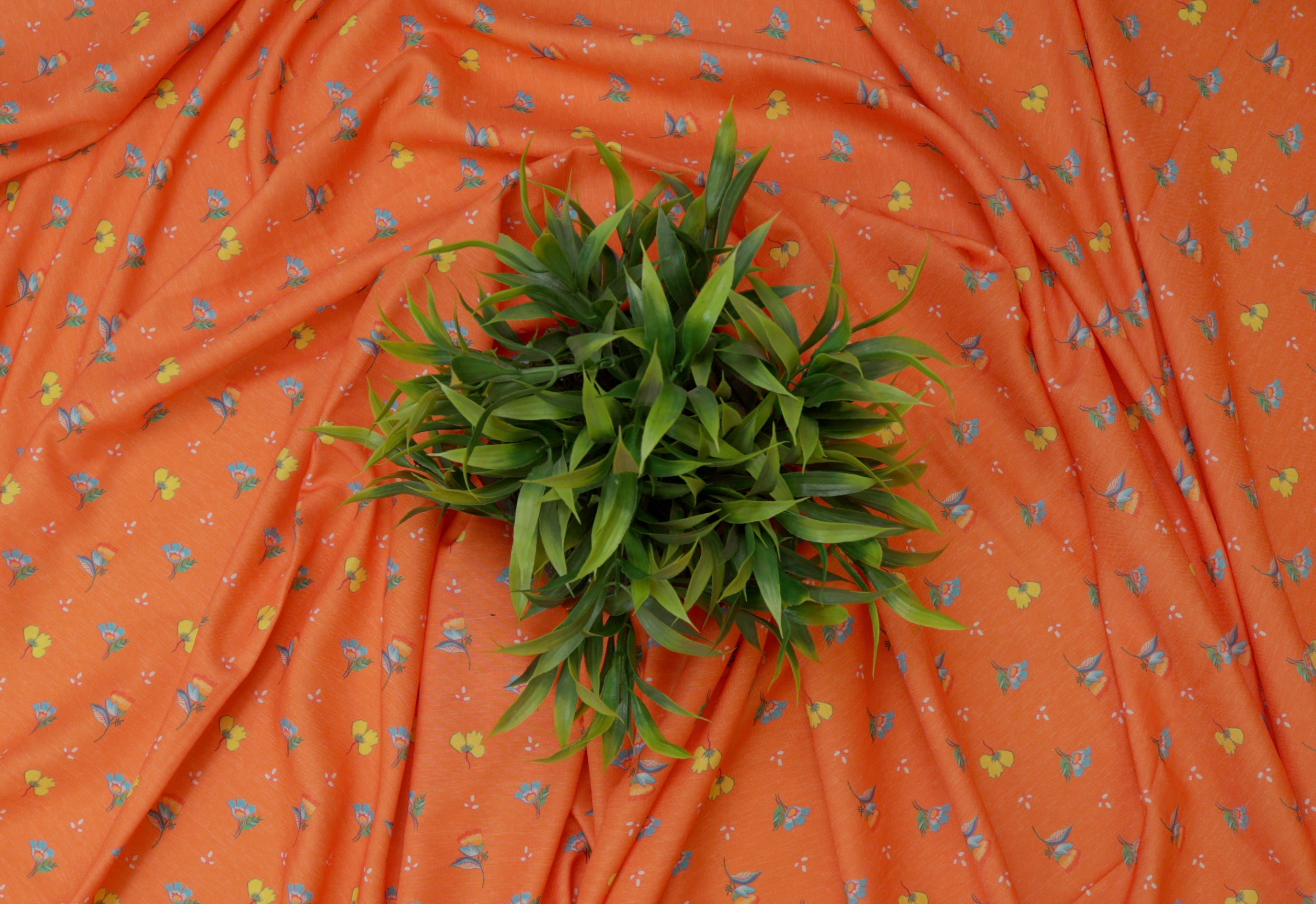 Orange Floral Digital Printed Rayon Fabric