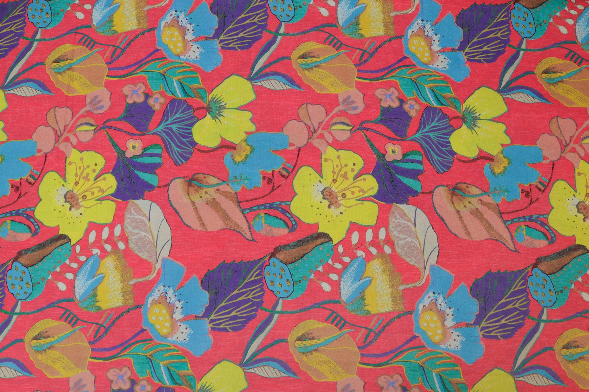 Coral Pink Floral Digital Printed Rayon Fabric