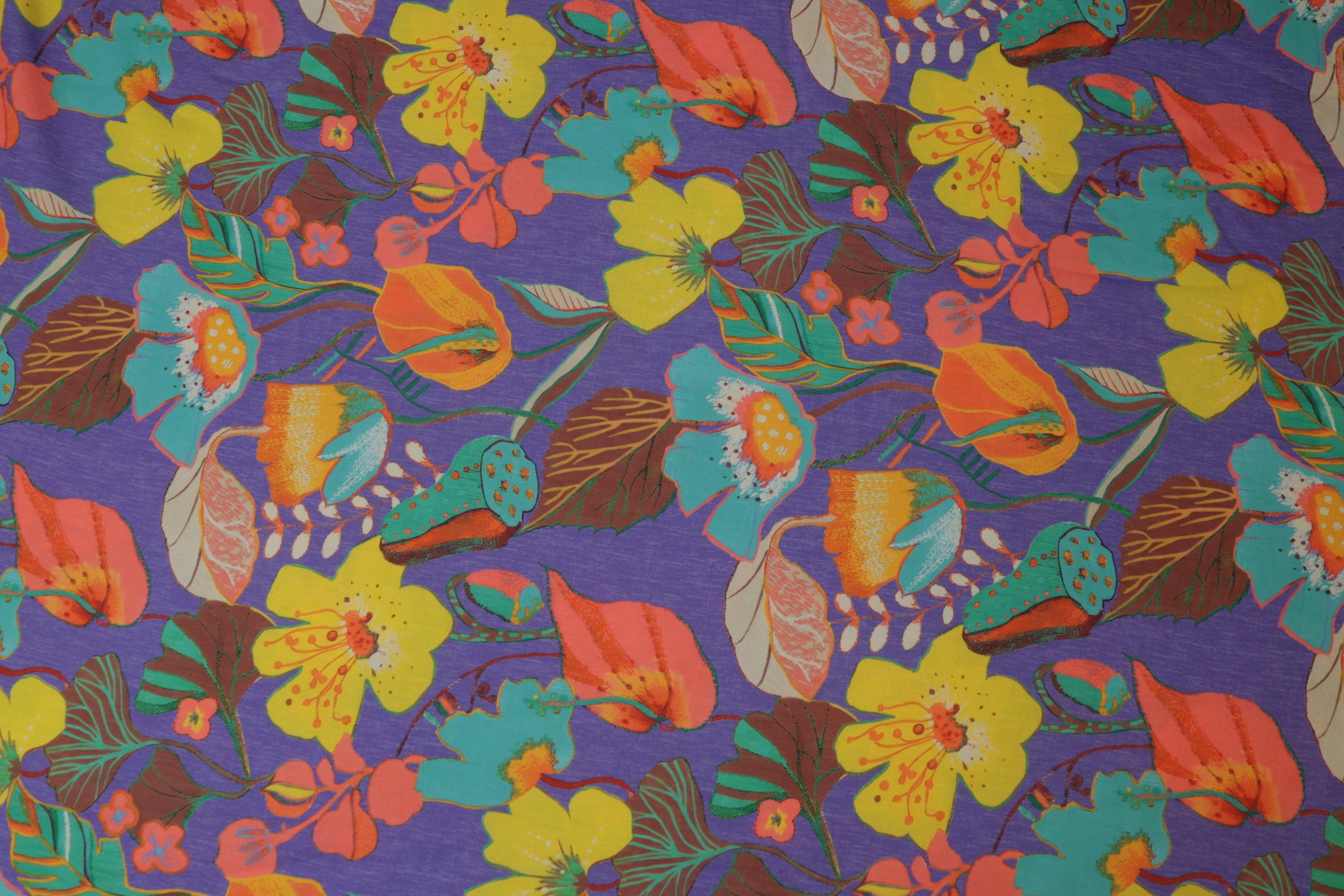 Royal Blue Floral Digital Printed Rayon Fabric