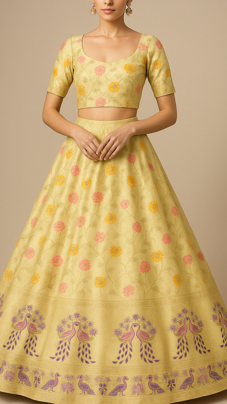 Lemon Yellow Silk Fabric With All Over Floral Print And Zari Handloom With One Side Heavy Border 16418