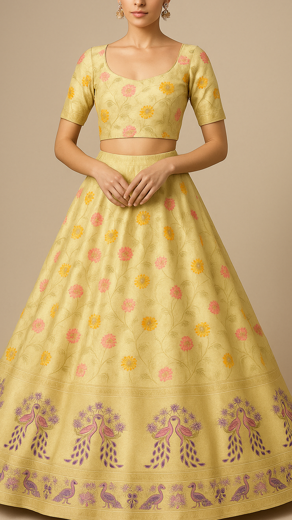 Lemon Yellow Silk Fabric With All Over Floral Print And Zari Handloom With One Side Heavy Border 16418