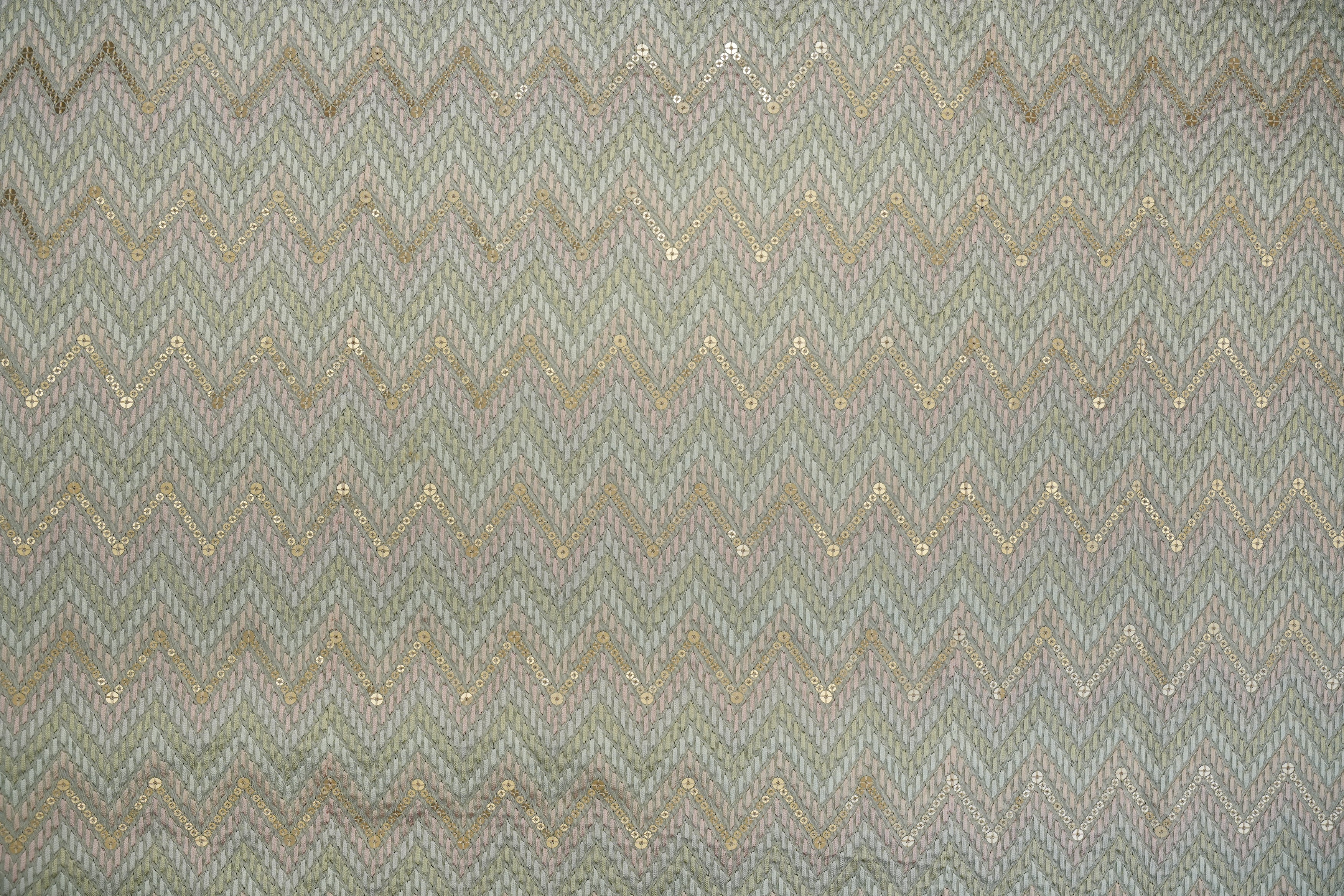 Light Blue Silk Dupoin - Chevron Pattern with Multicolor Thread & Matte Sequins