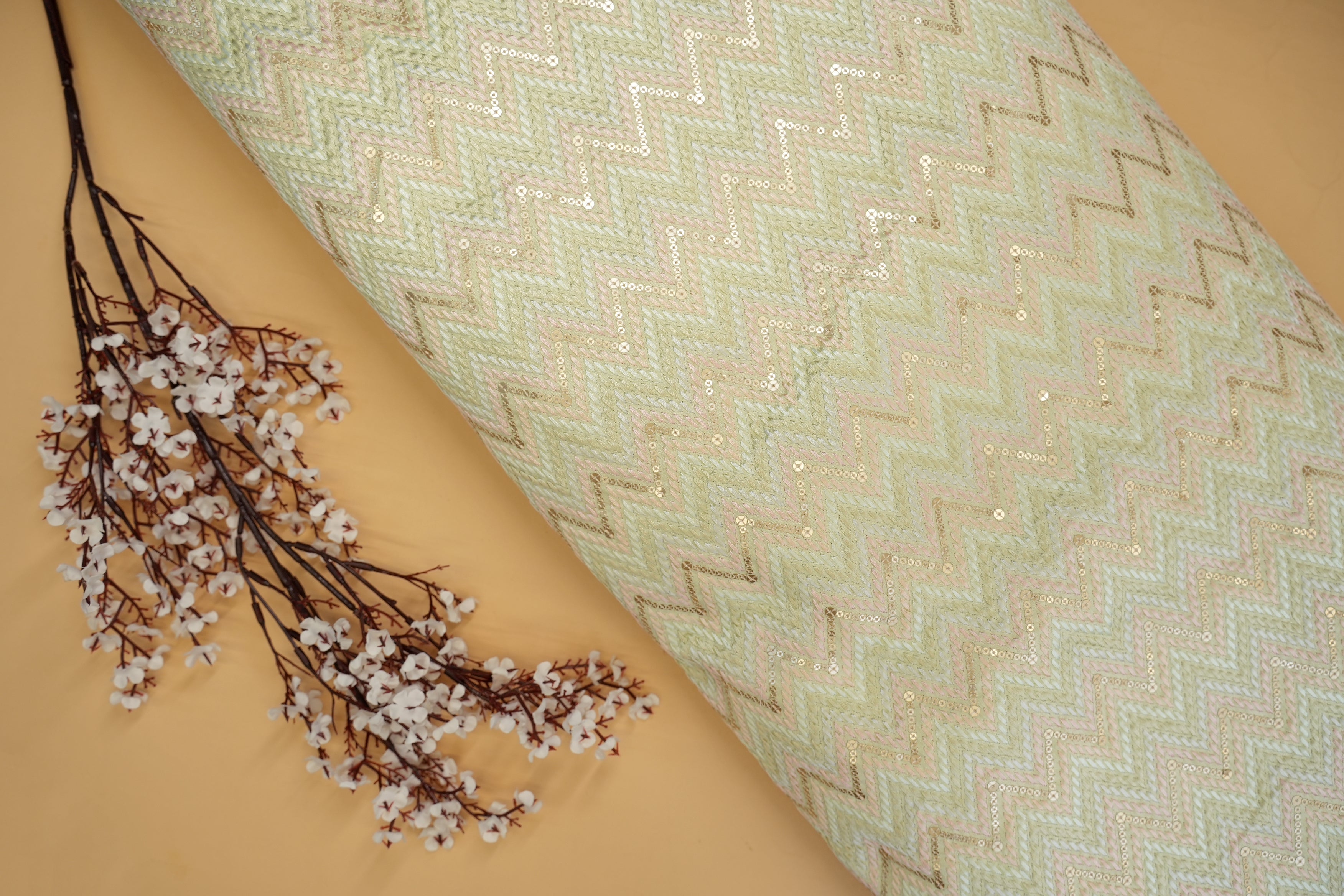 Light Green Silk Dupoin - Chevron Pattern with Multicolor Thread & Matte Sequins