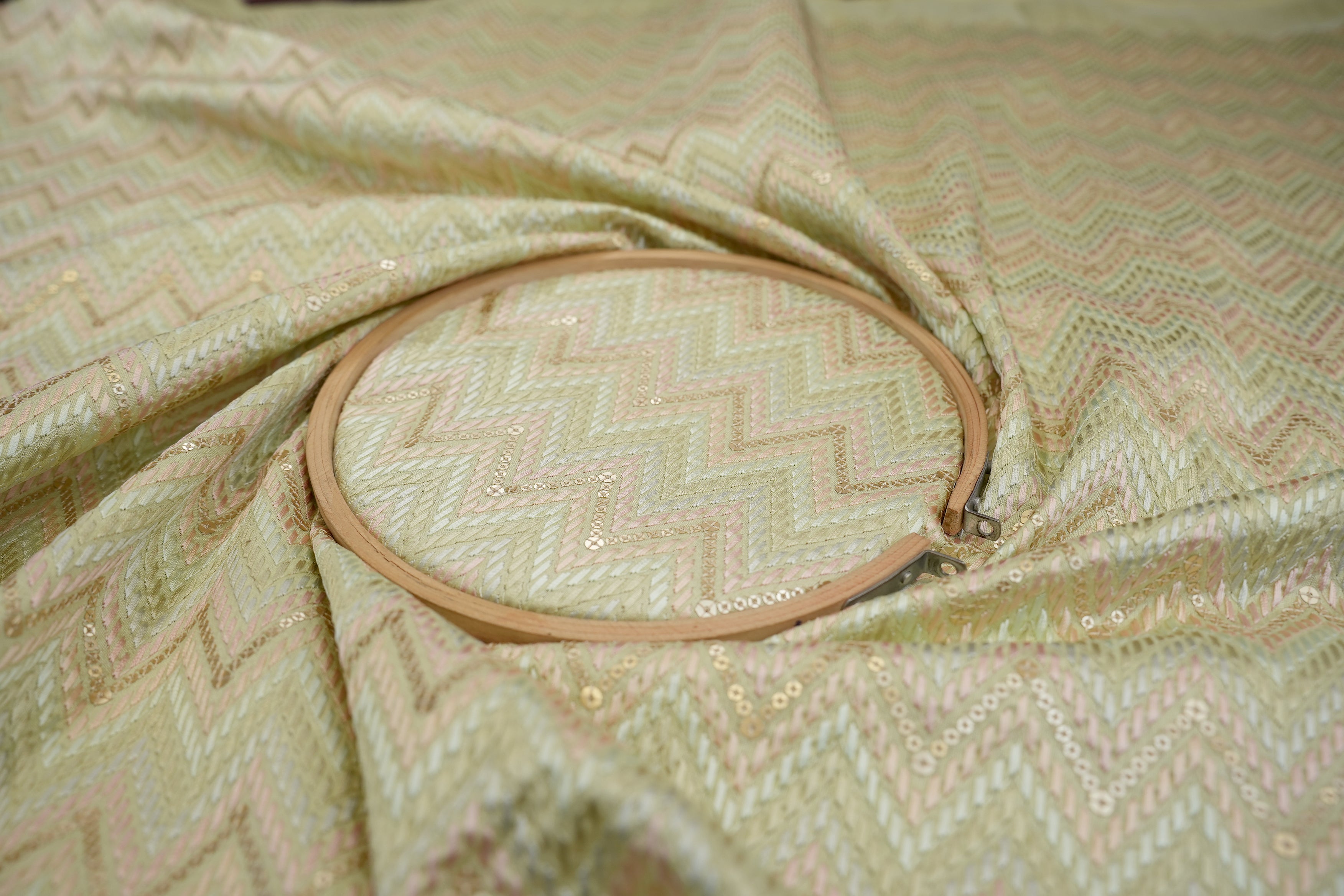 Light Green Silk Dupoin - Chevron Pattern with Multicolor Thread & Matte Sequins