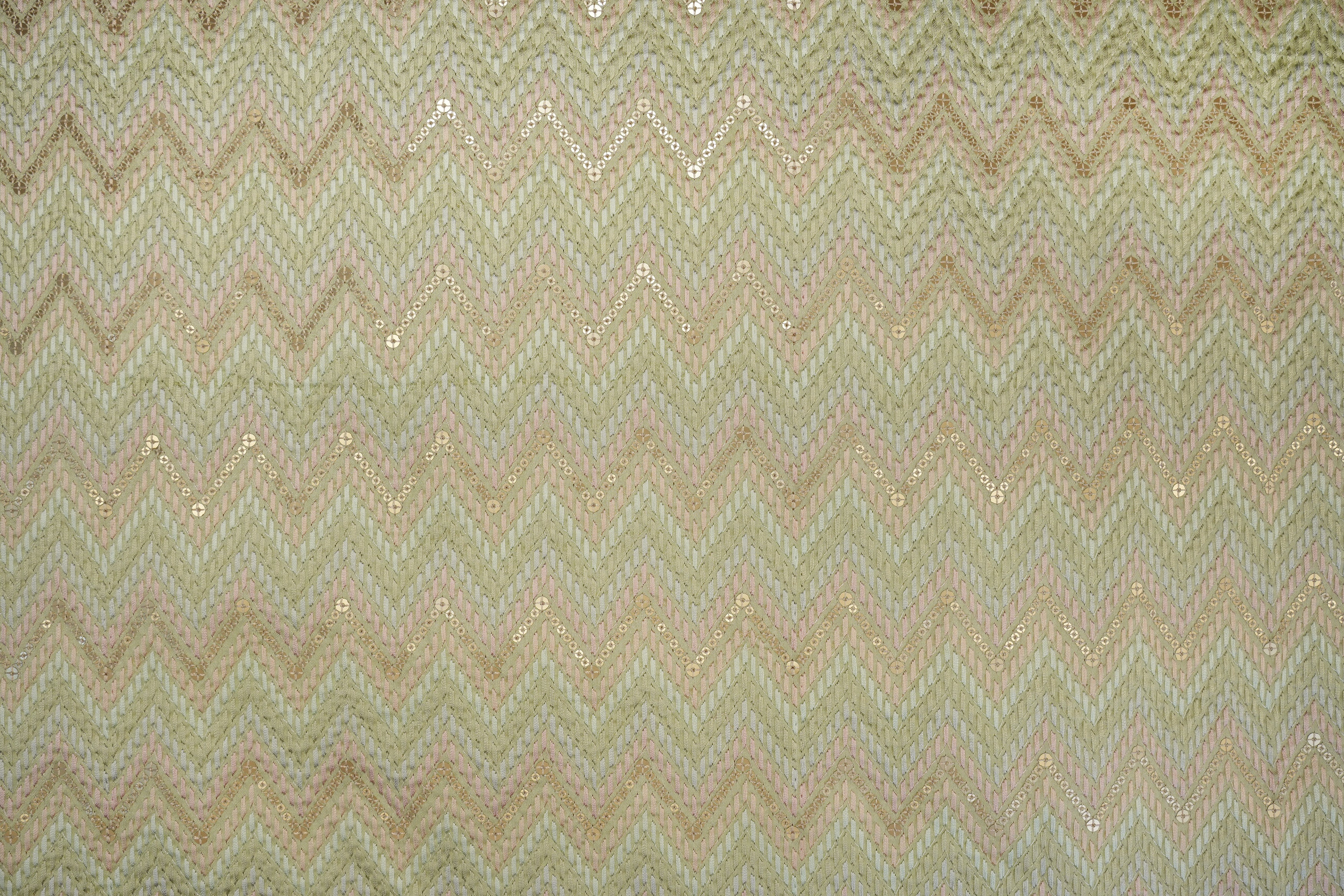 Light Green Silk Dupoin - Chevron Pattern with Multicolor Thread & Matte Sequins