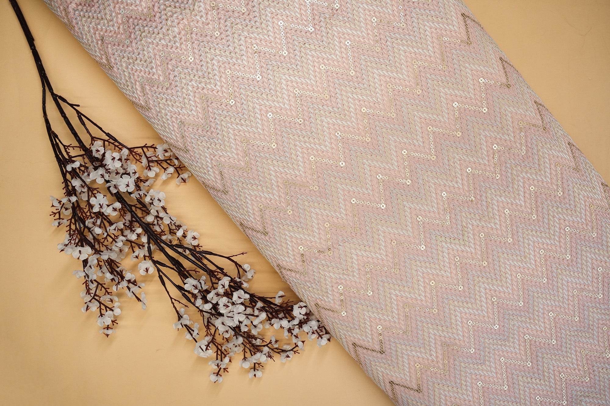 Light Pink Silk Dupion - Chevron Pattern with Multicolor Thread & Matte Sequins