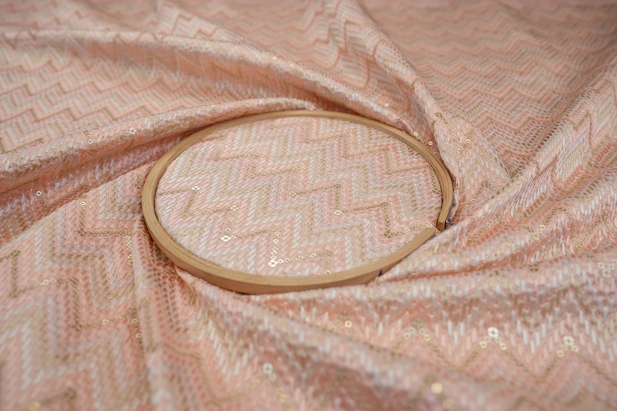 Light Pink Silk Dupion - Chevron Pattern with Multicolor Thread & Matte Sequins