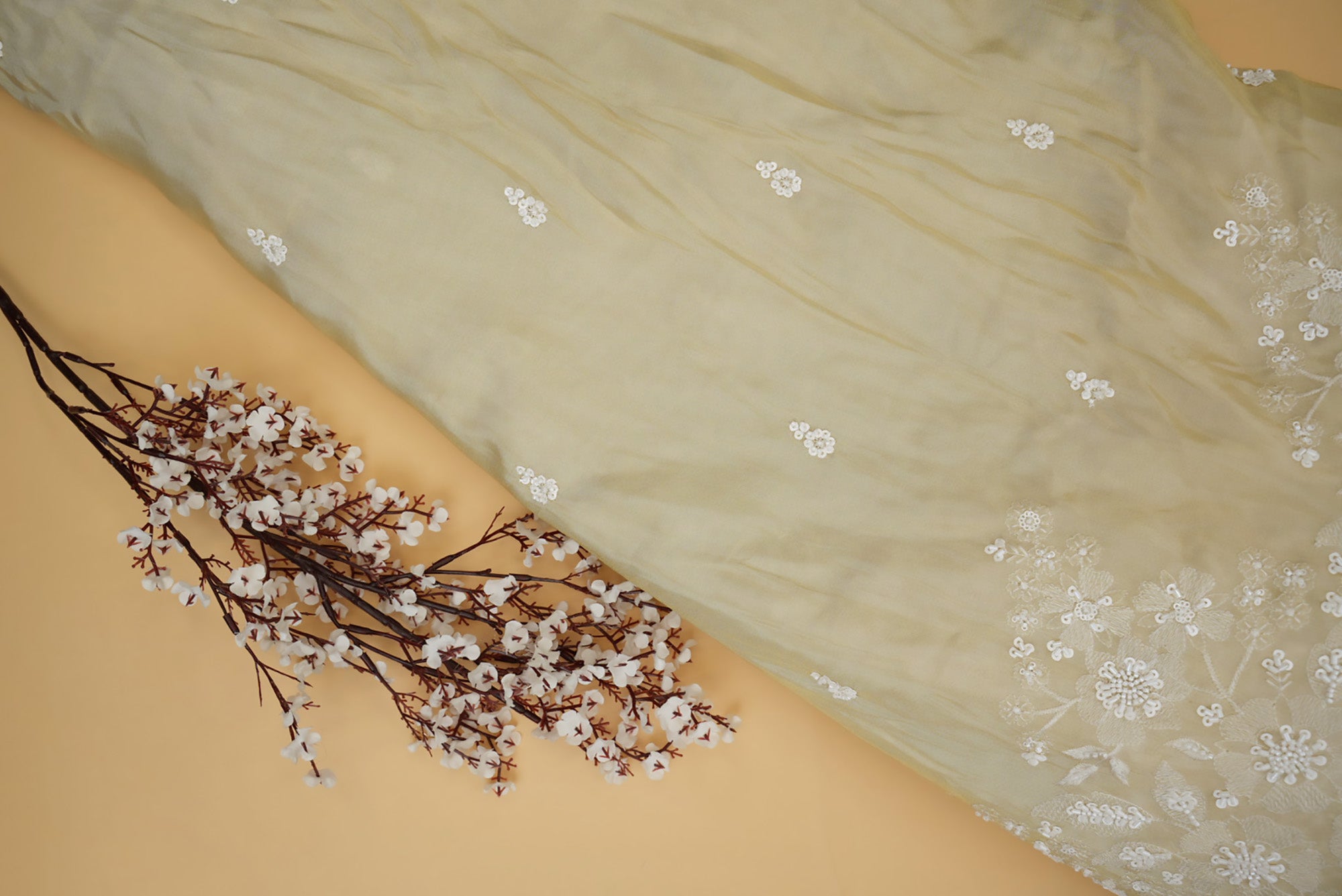 White Floral Elegance Tissue with Thread, Beads, and Sequins Accents