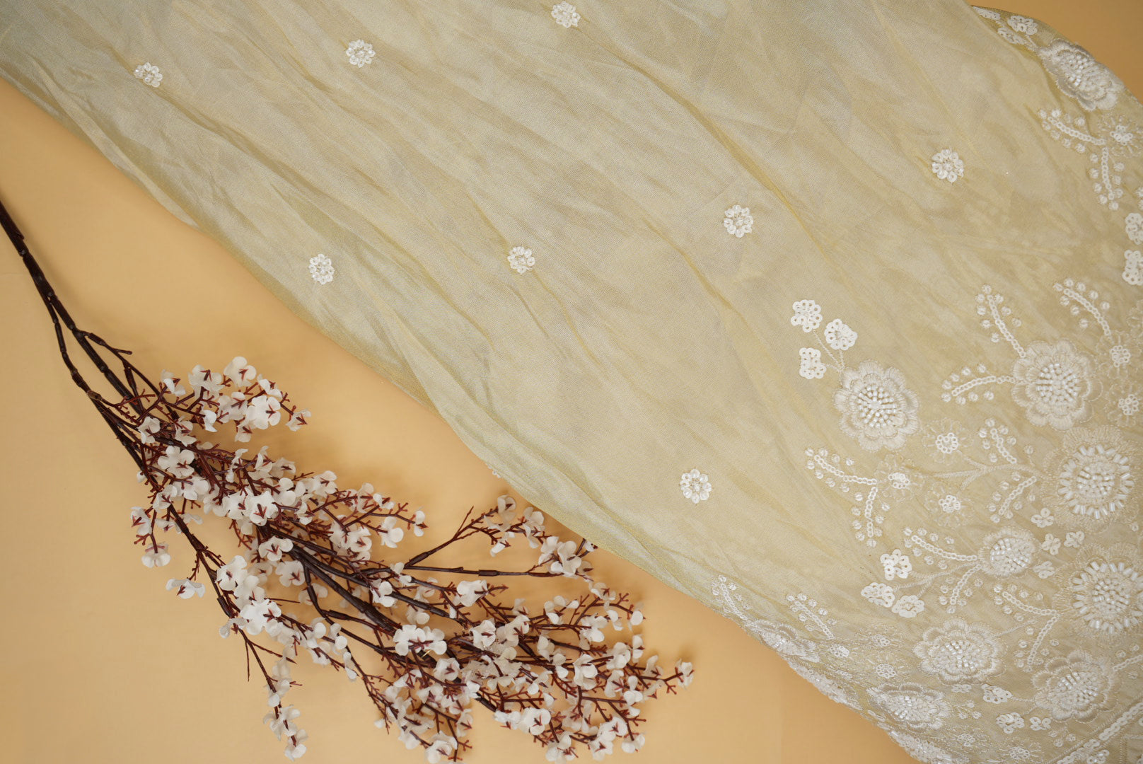 White Floral Elegance Tissue with Beads, Cutdana & Sequins